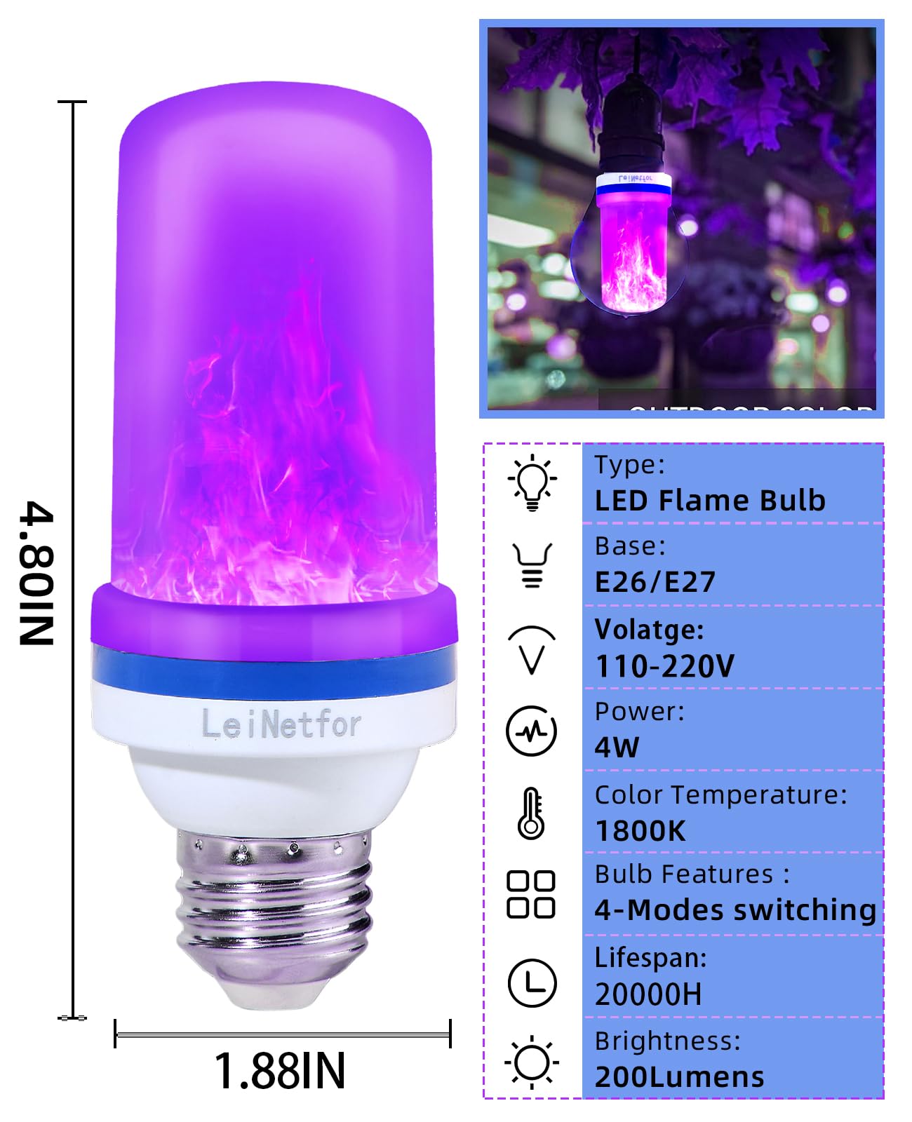 Leinetfor Upgraded Led Purple Flame Light Bulbs - Halloween Decorations Outdoor Light Bulbs,E26/E27 Base Christmas Purple Flickering Light Bulbs Outdoo R, 3W Led Outdoor Led Lights Bulb (4 Pack)