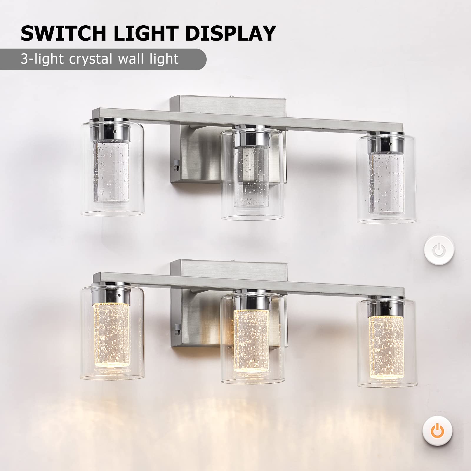Sadenicel 3-Light Brushed Nickel Vanity Lights - Dimmable Crystal Led Fixtures For Bathroom