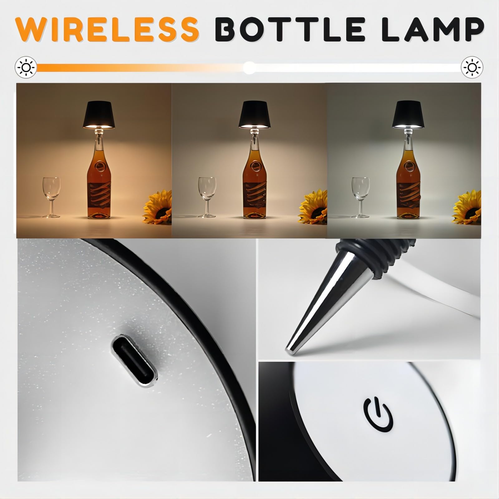 Neioaas Wireless Wine Bottle Lamp - 3 Color Stepless Dimming, USB Rechargeable Touch LED Light, White, Perfect for Home, Bar, Camping, Travel