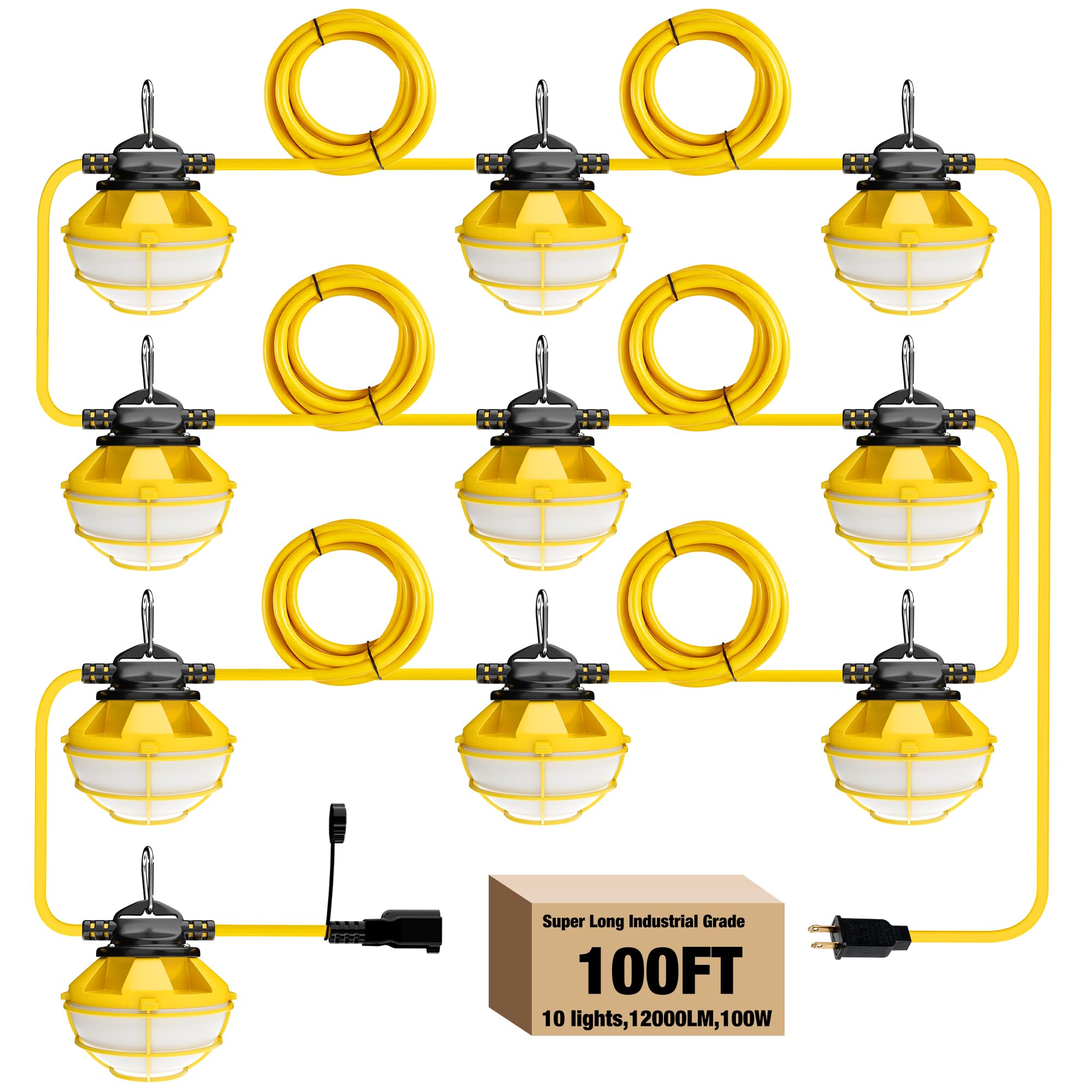 100Ft Construction String Lights With Protective Cage, Ip65 Waterproof Led String Work Lights, 5000K Daylight 18Awg Wire Linkable Temporary Construction Lights For Jobsite With 10 Bulbs & Hooks