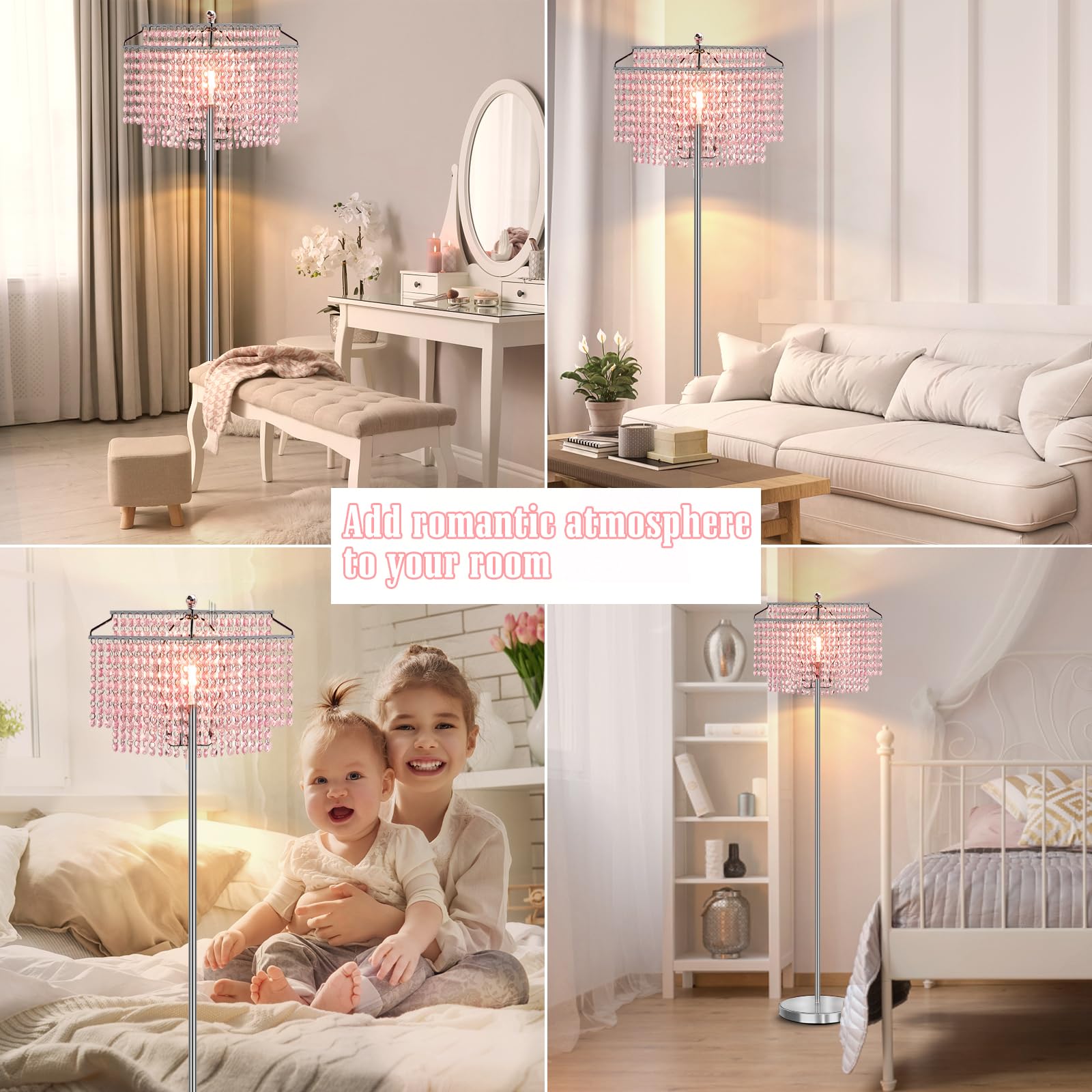 Luvkczc Pink Crystal Floor Lamp, 64" Tall Metal Standing Lamp with Double-Layer Lampshade, On/Off Foot Switch for Living Room and Office