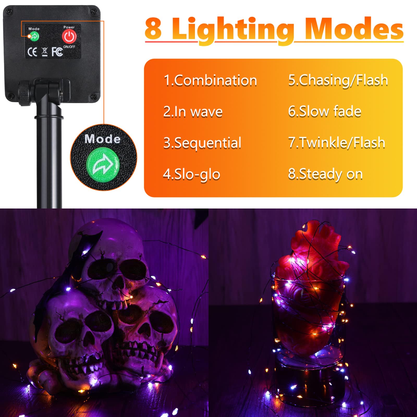Joomer Solar Halloween Lights, 2 Pack Total 98ft 300LED Orange Purple Halloween Fairy Lights Waterproof 8 Modes Twinkle Lights O