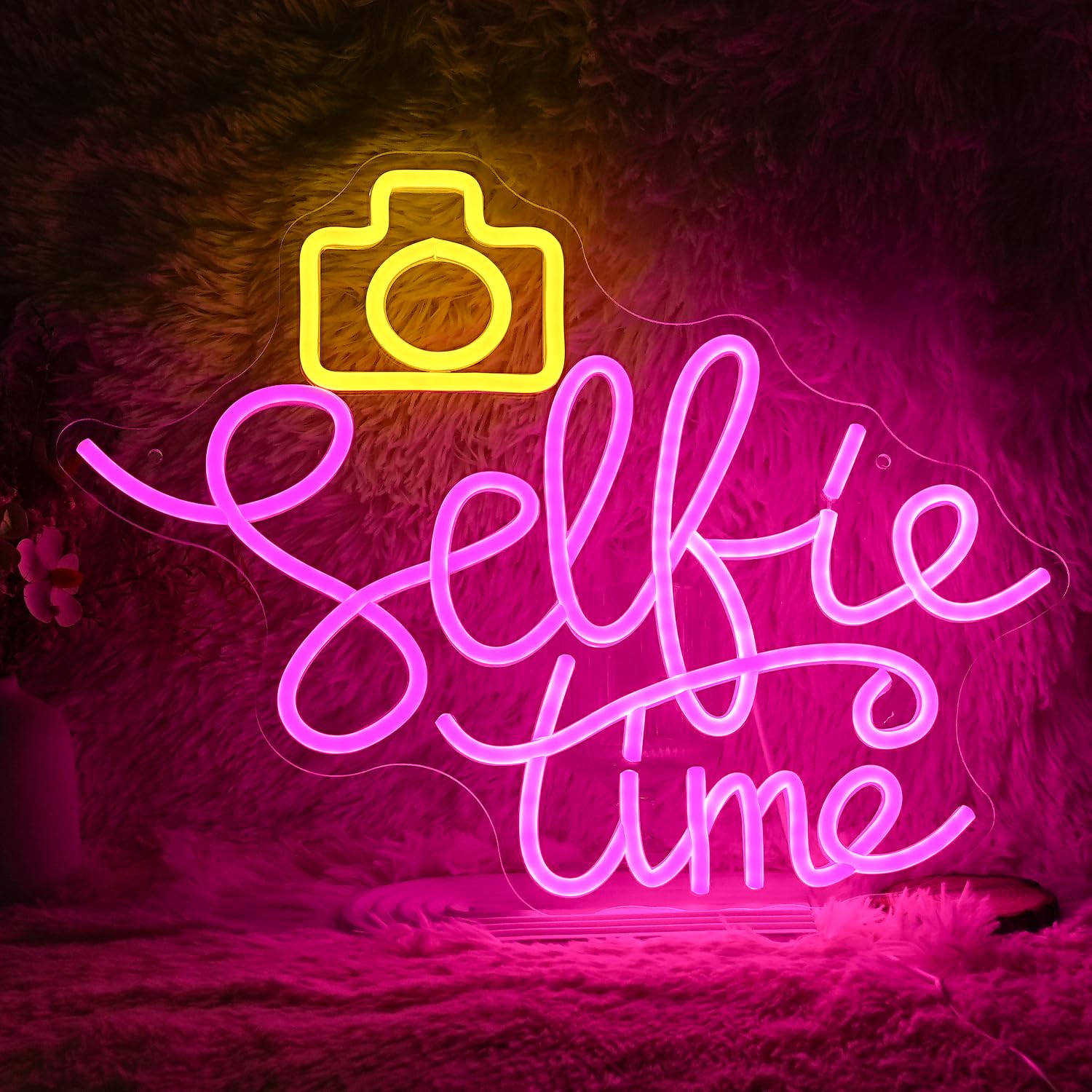 GNVETZLL Selfie Time Neon Sign LED Light Pink Yellow Acrylic 16.7x12.8in Dimmable USB Powered Wall Decor for Photography Studio