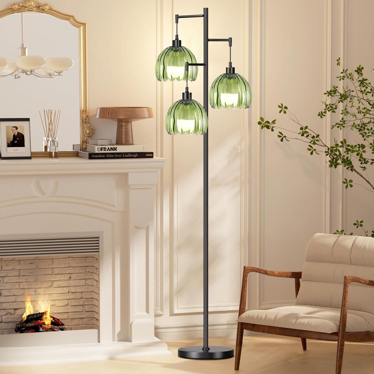 Illmtw Glass Floor Lamp For Living Room,Bedroom,Black Mid Century Modern Standing Lamp Brass Tree 3 Light Tall Floor Lamps Vinta