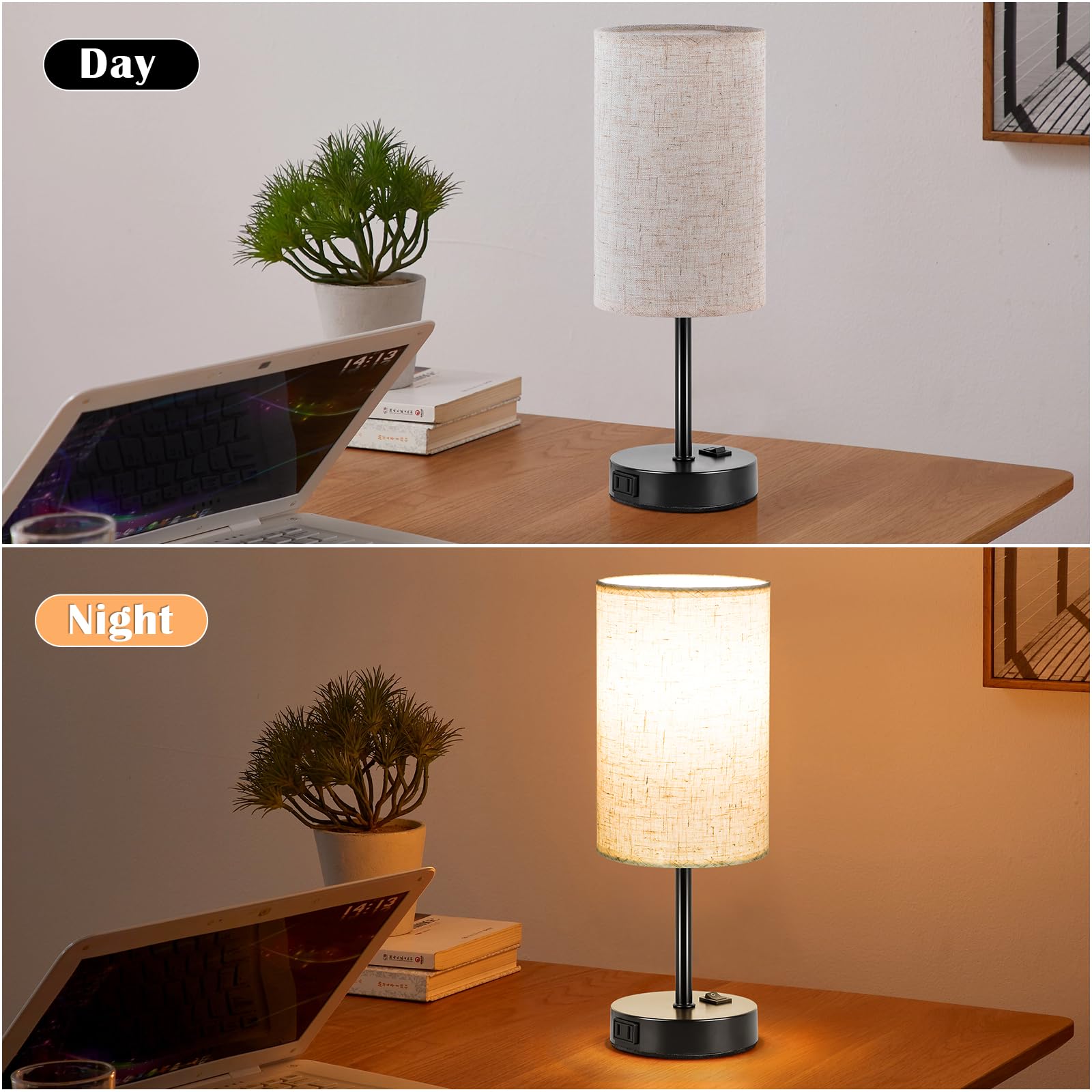 Zjojo 3-Way Dimmable Table Lamps Set Of 2 With Ac Outlet, Flaxen Shade & Black Base For