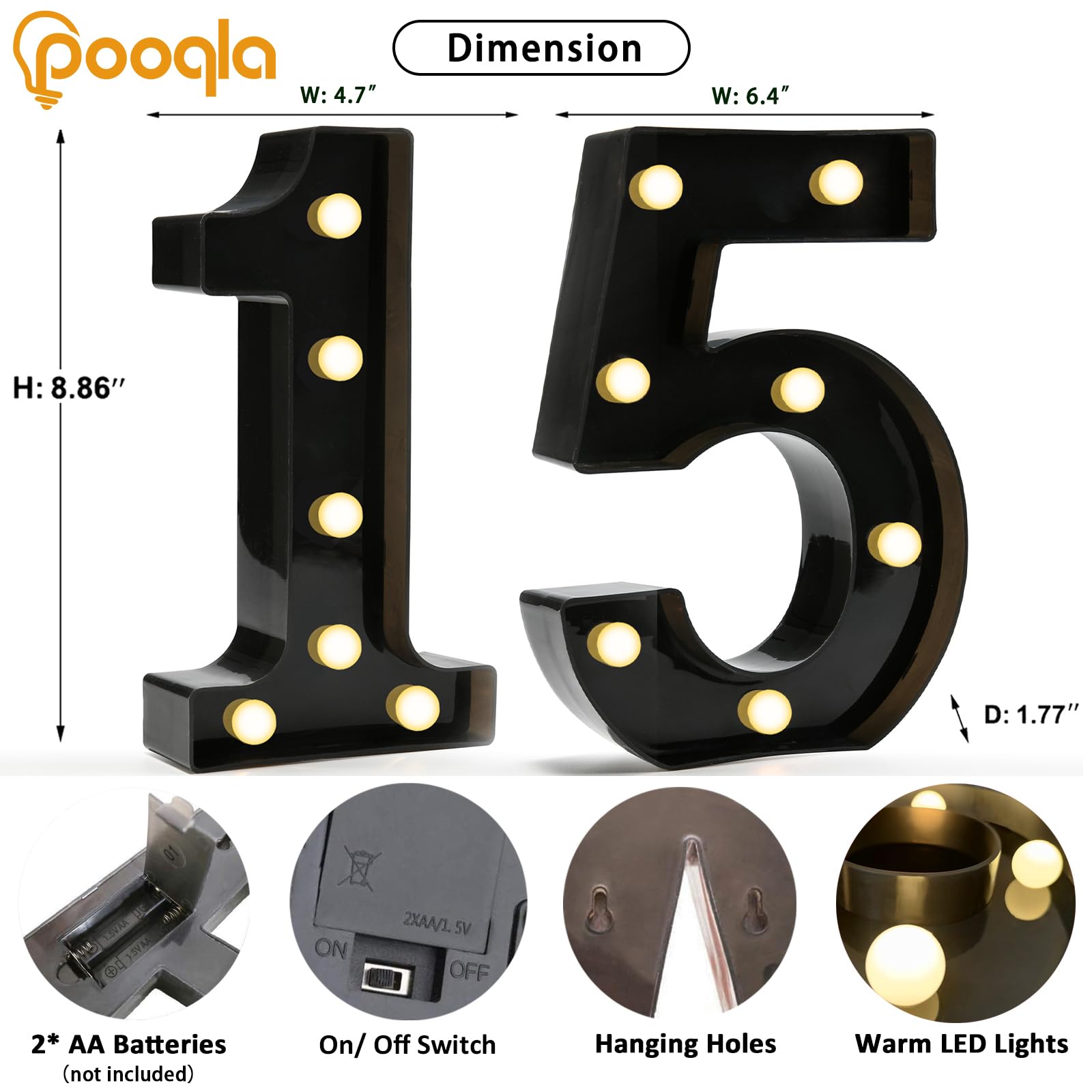 Pooqla Decorative Led Light Up Number Letters, Black Plastic Marquee Number Lights Sign For 15Th Birthday Party Wedding Decor Battery Operated Black Number 15