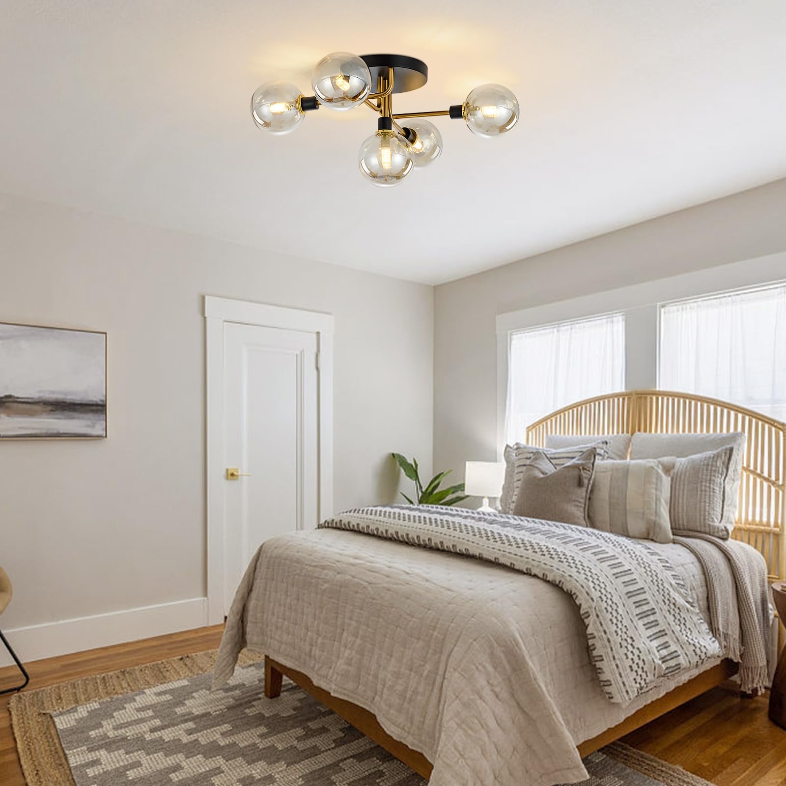 Kco Lighting 5-Light Mid-Century Modern Glass Globe Semi Flush Mount Ceiling Light Black And Gold Brush Metal Sputnik Chandelier