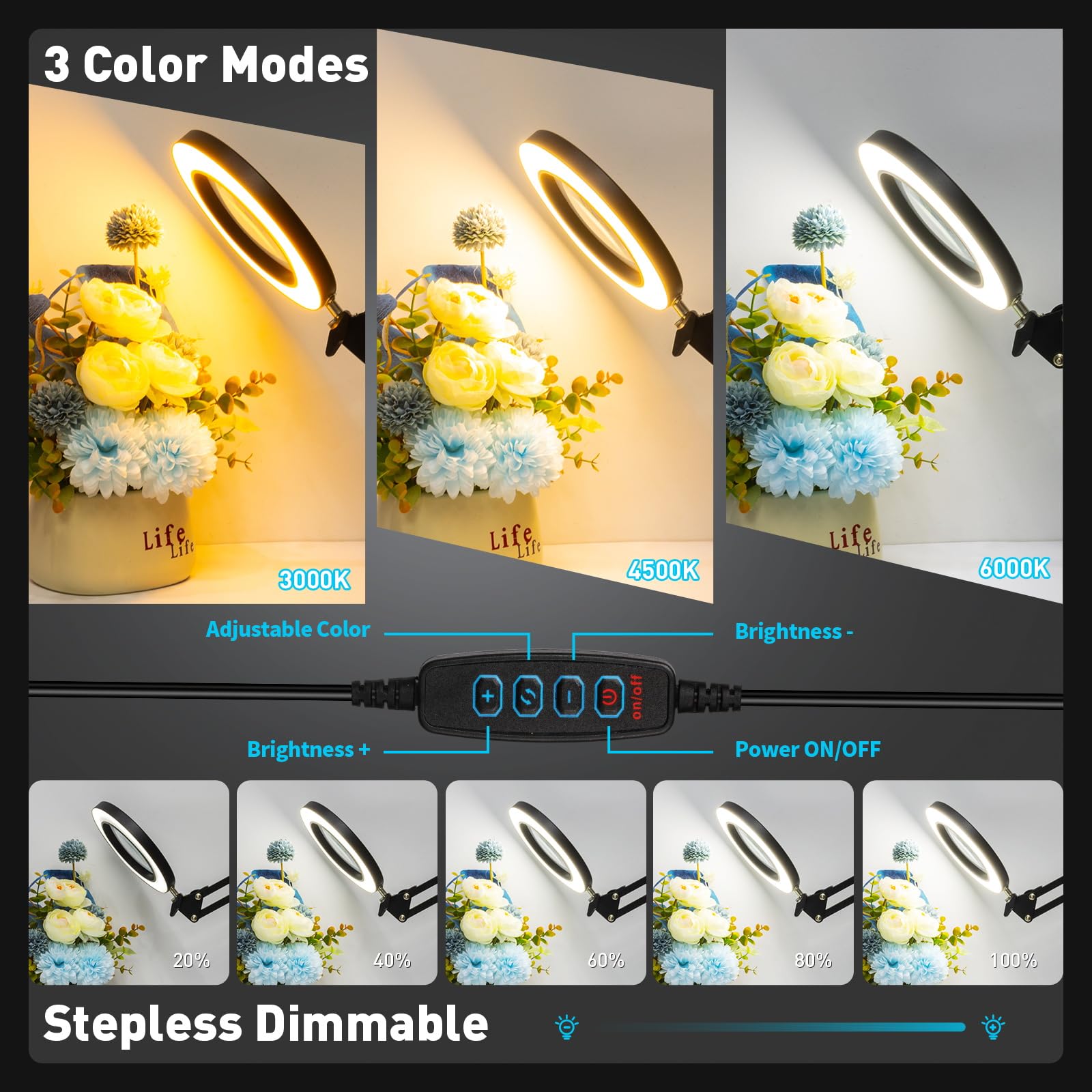 Kuvrs 10X Magnifying Glass With Light And Stand, 3 Color Modes Stepless Dimming Magnifying Desk Lamp, Silicone Repair Mat & Goos