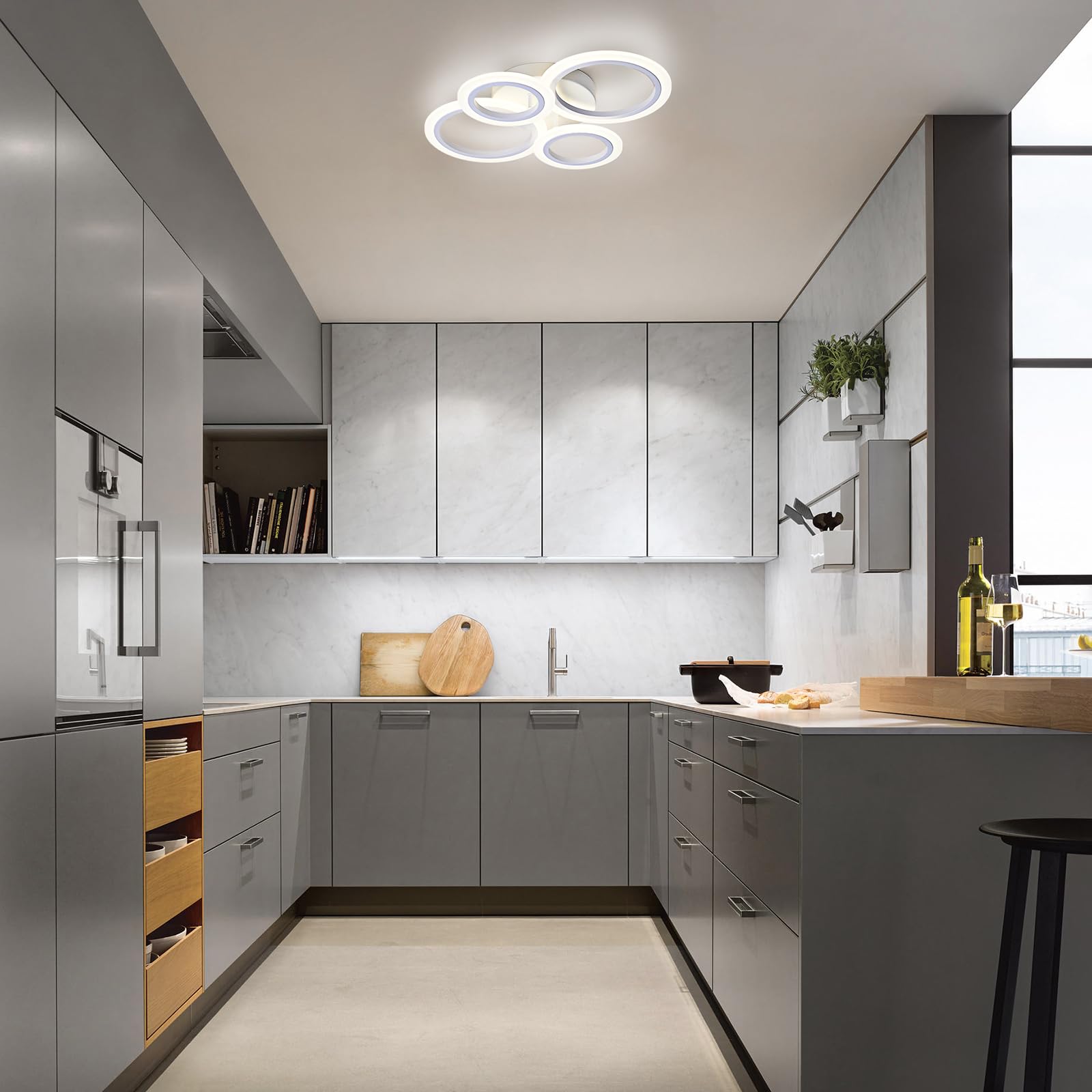 Vikaey Modern Led Flush Mount Ceiling Light, 4 Rings White Close To Ceiling Light, Lighting Fixture Ceiling Lamp For Kitchen, Living Room, Bedroom, Laundry Room, 4000K Not Dimmable
