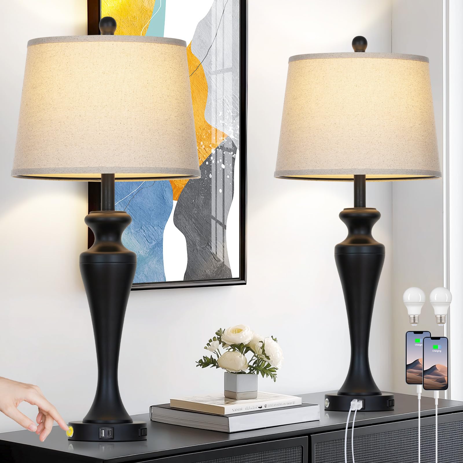 luxeflow 30 Black Table Lamps Set of 2  Touch Control Tall Living Room Lamp with USB A+C Ports and AC Outlet  3-Way Dimmable Bedside Lamps for Nightstand  Modern Metal Bedroom Lamp  2 Bulbs Included