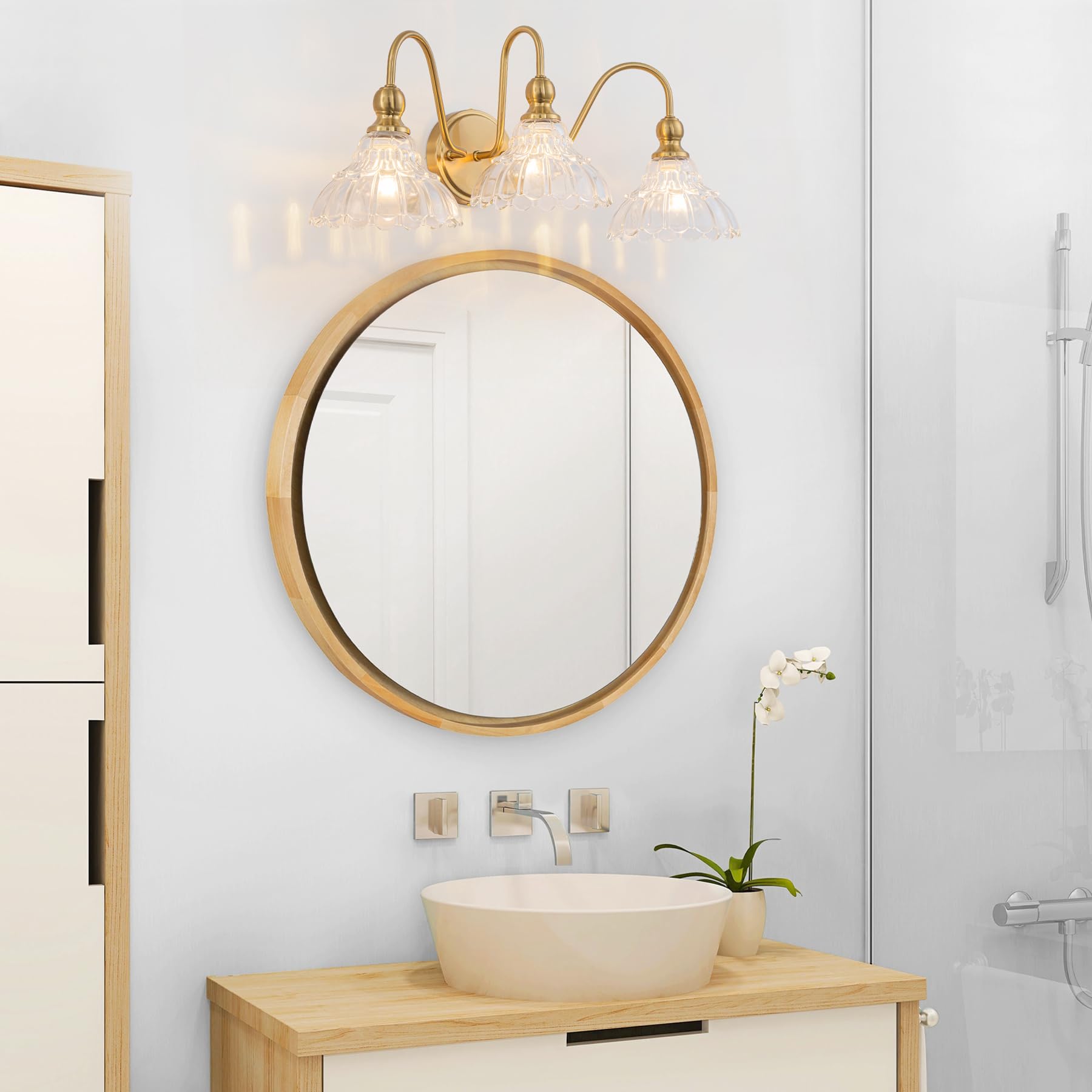 Brknit Vintage Bathroom Light Fixtures Over Mirror  3-Light Brass Wall Sconce Lighting With Flower Glass Shade  Farmhouse Vanity Lights For Bedroom Kitchen Living Room Hallway Light
