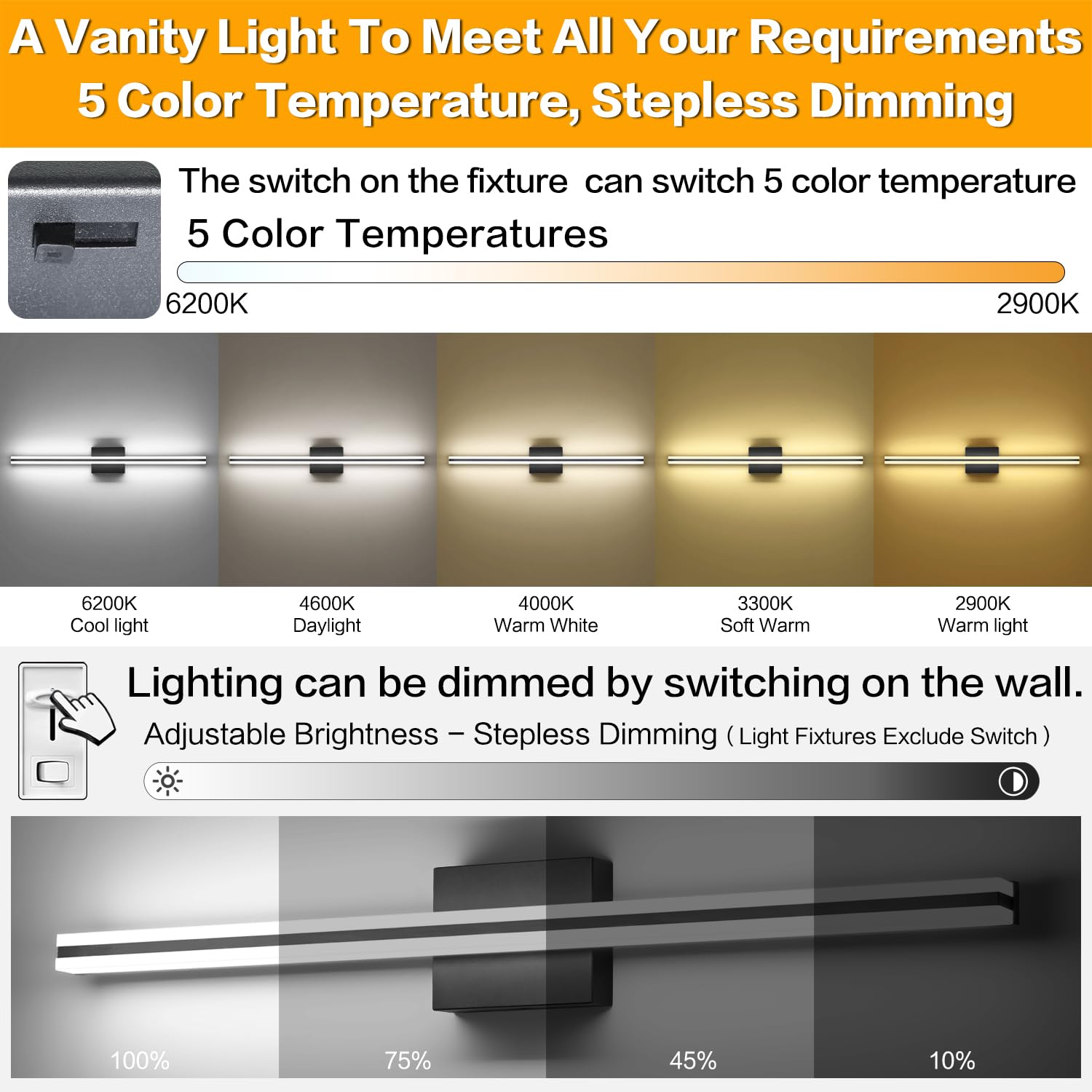 Solfart Black Bathroom Light Fixture - 31.8 Led Vanity Light Bar, 5 Color Temperature, Dimmable, Aluminum, Model S8200-810Mm-Bk-5C
