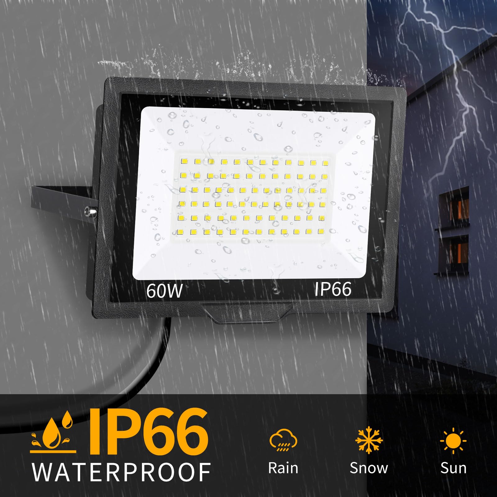 60W Led Flood Light Outdoor, 7200Lm Brighter Exterior Security Lights With 5Ft Plug, 5000K Daylight Led Work Light, Ip66 Waterpr