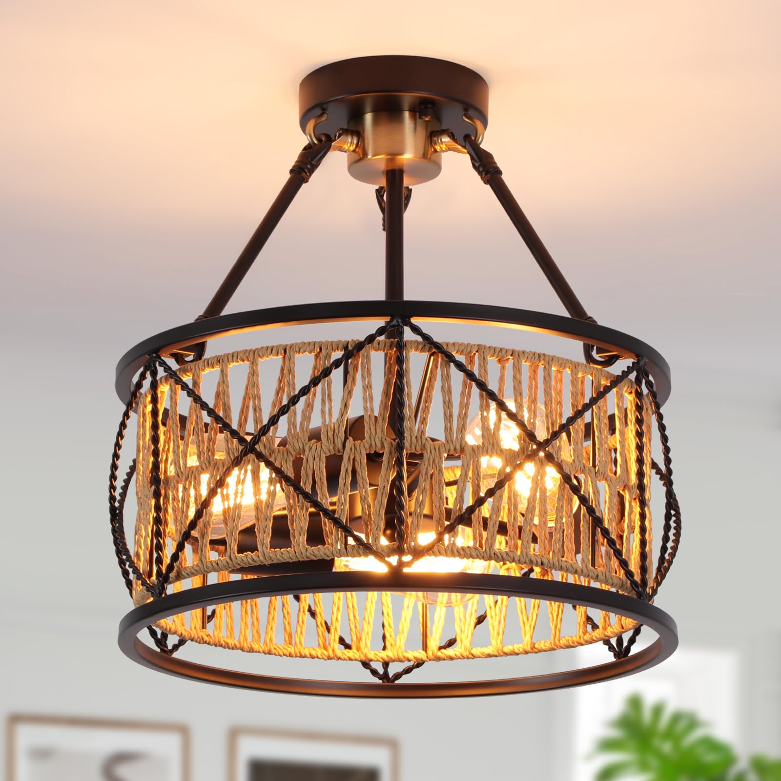 WELTRANS Hand Woven Farmhouse Chandeliers  Industrial Dual Round 3-Light Boho Flush Mount Ceiling Light Fixture  Rustic Coastal Black Gold Pendant Light for Dining Room Kitchen Bedroom Living Room