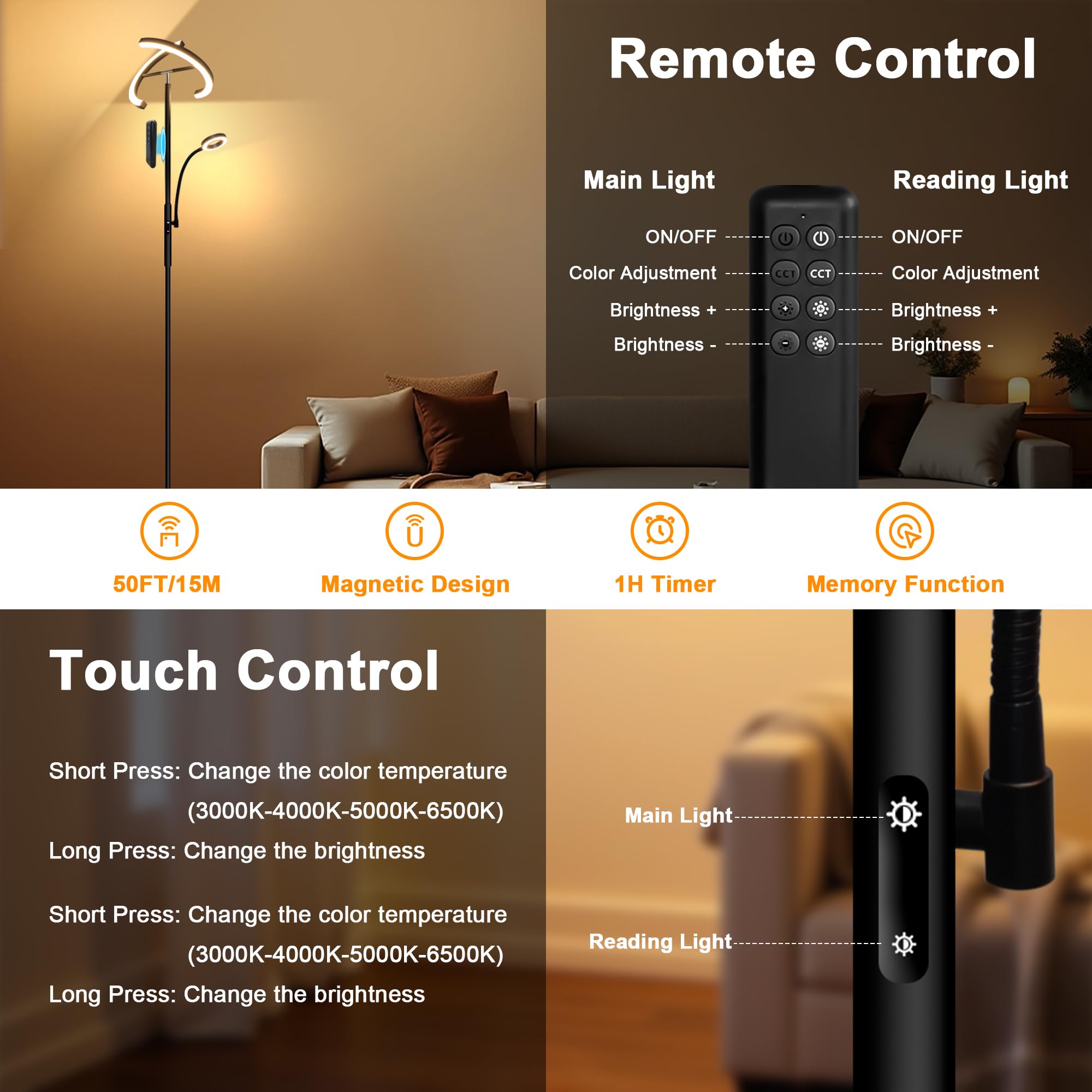 Laiebri Modern LED Rotatable Floor Lamp with Reading Light,Eye-Protection Standing Lamp with Touch & Remote Control,Stepless Dim