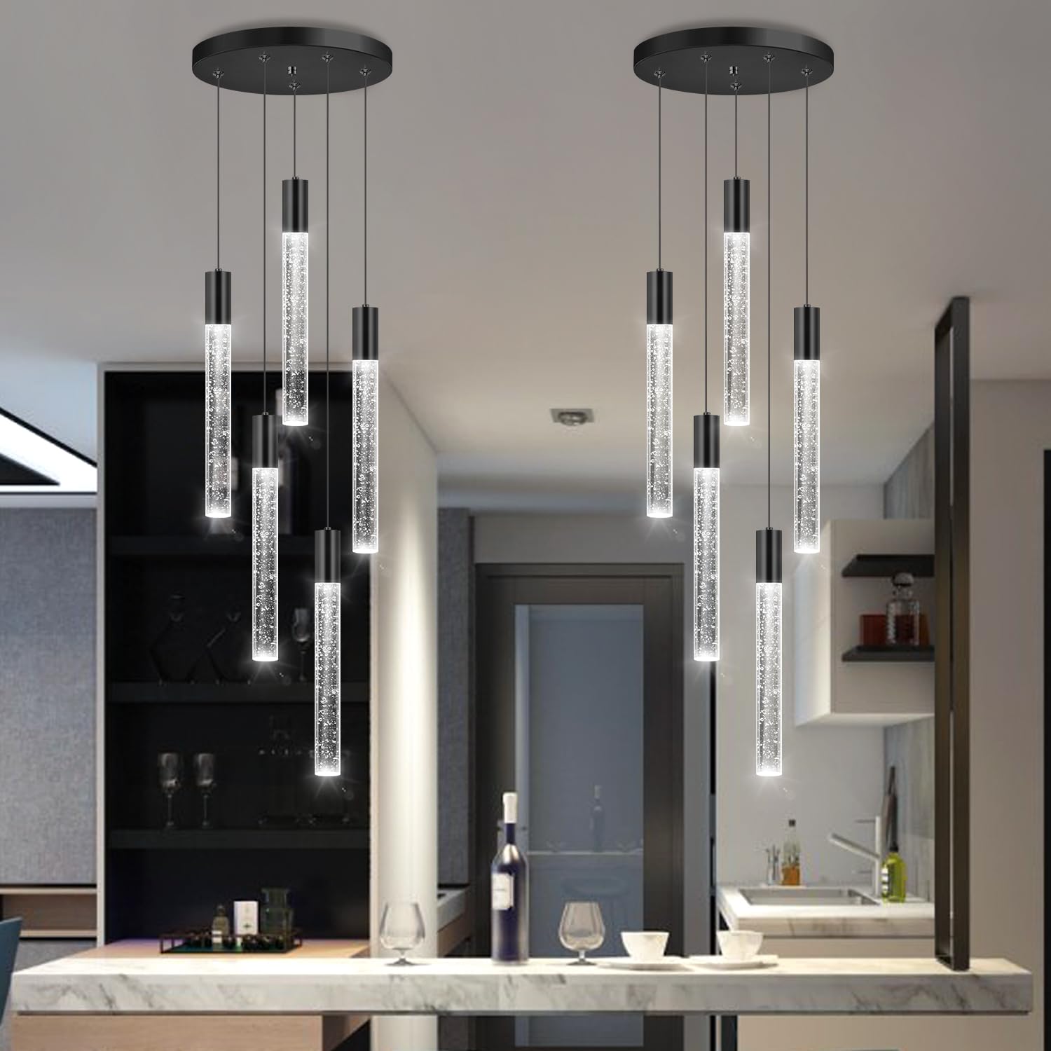 HAIXIANG 5-Lights Chandelier, Modern Crystal Pendant Lighting, Remote Dimmable, Matte Black, Model MMQ3810