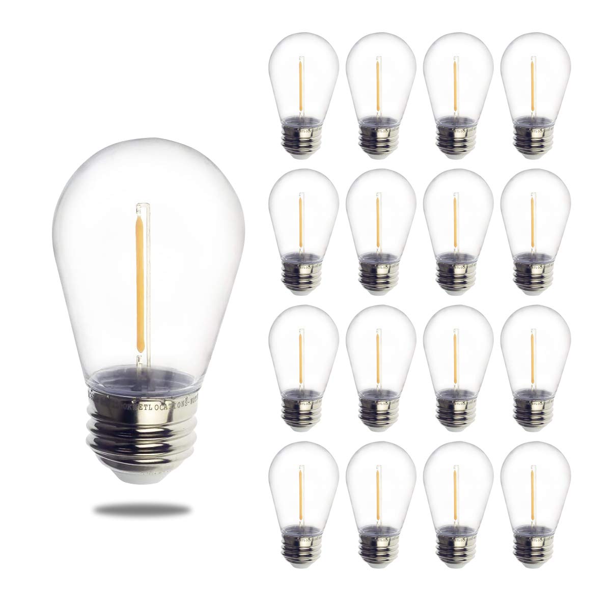 Jslinter S14 Outdoor LED String Lights, Shatterproof & Waterproof, 16-Pack, Warm White, E26 Base, Vintage Edison Style