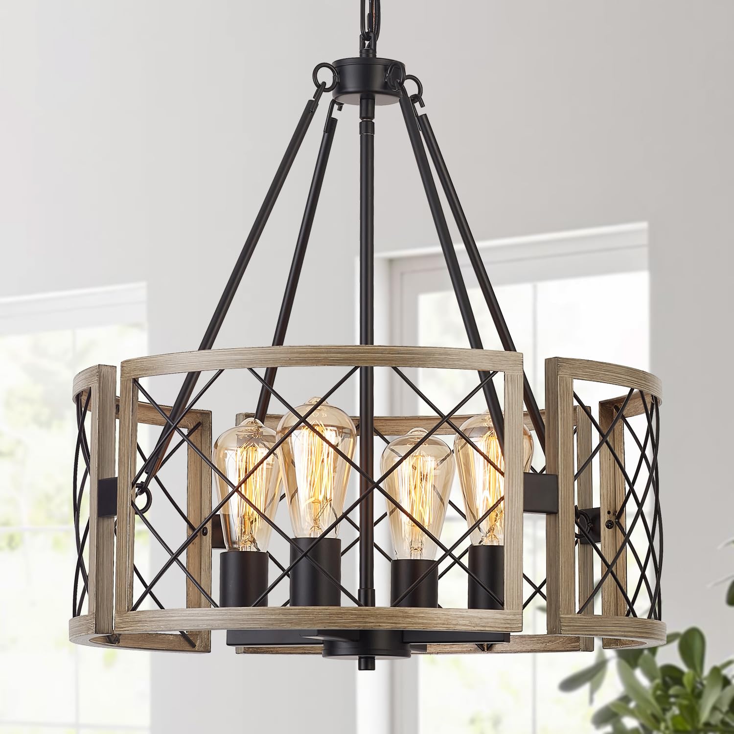 Santostock Modern Farmhouse Chandelier, Rustic 4-Light Dining Room Chandelier Light Fixture Kitchen Island Light, Adjustable Hanging Light For Bedroom Entryway Foyer Living Room, Grey Wood