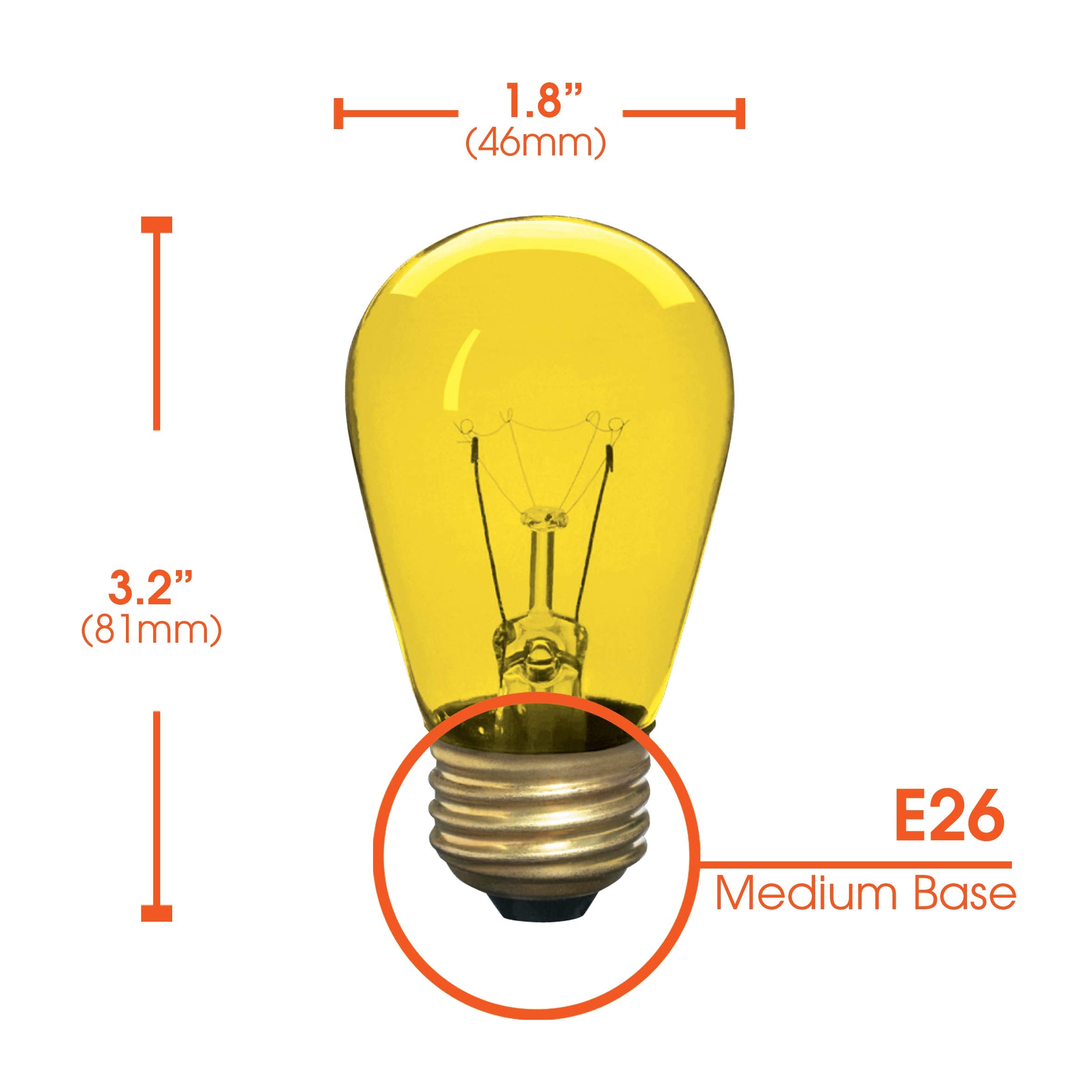 Xtricity Incandescent S14 Edison Light Bulb, E26 Medium Base, 130V, Yellow, 12 Pack