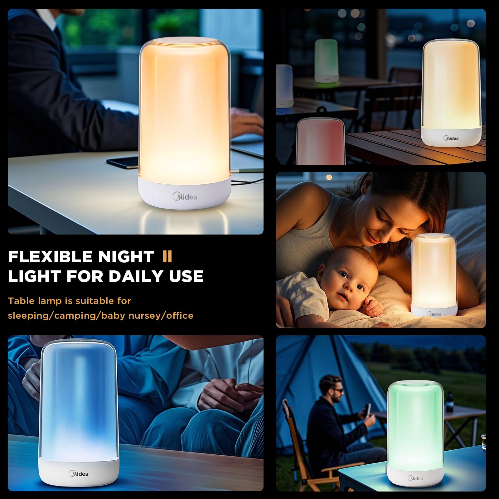 Midea RGB Touch Lamp, 1200mAh Rechargeable, Dimmable, Portable, Baby-Safe Material, Model MYD-2Y1, White/Warm/Natural