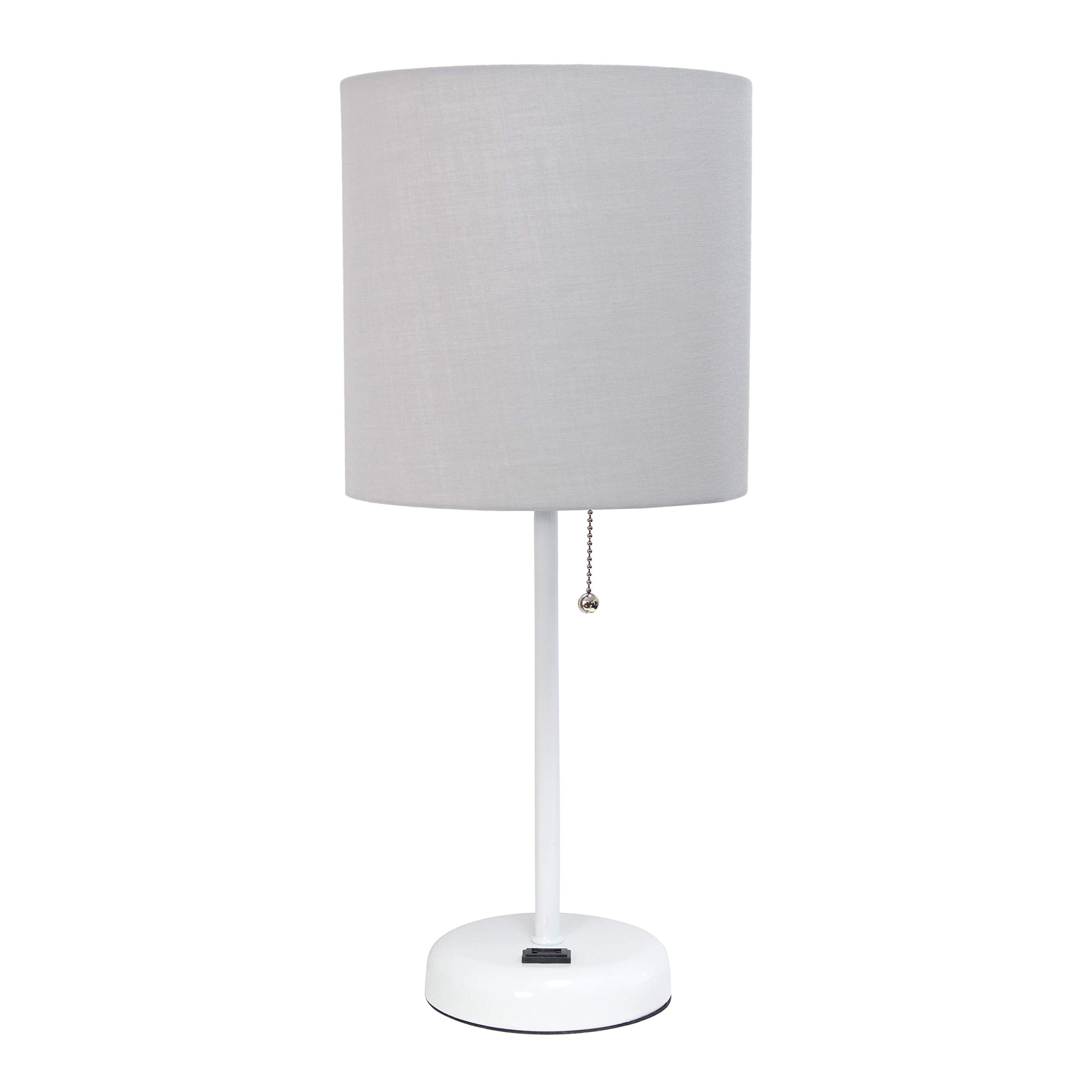 Simple Designs Lt2024-Gow White Stick Table Desk Lamp With Charging Outlet And Drum Fabric Shade, Gray