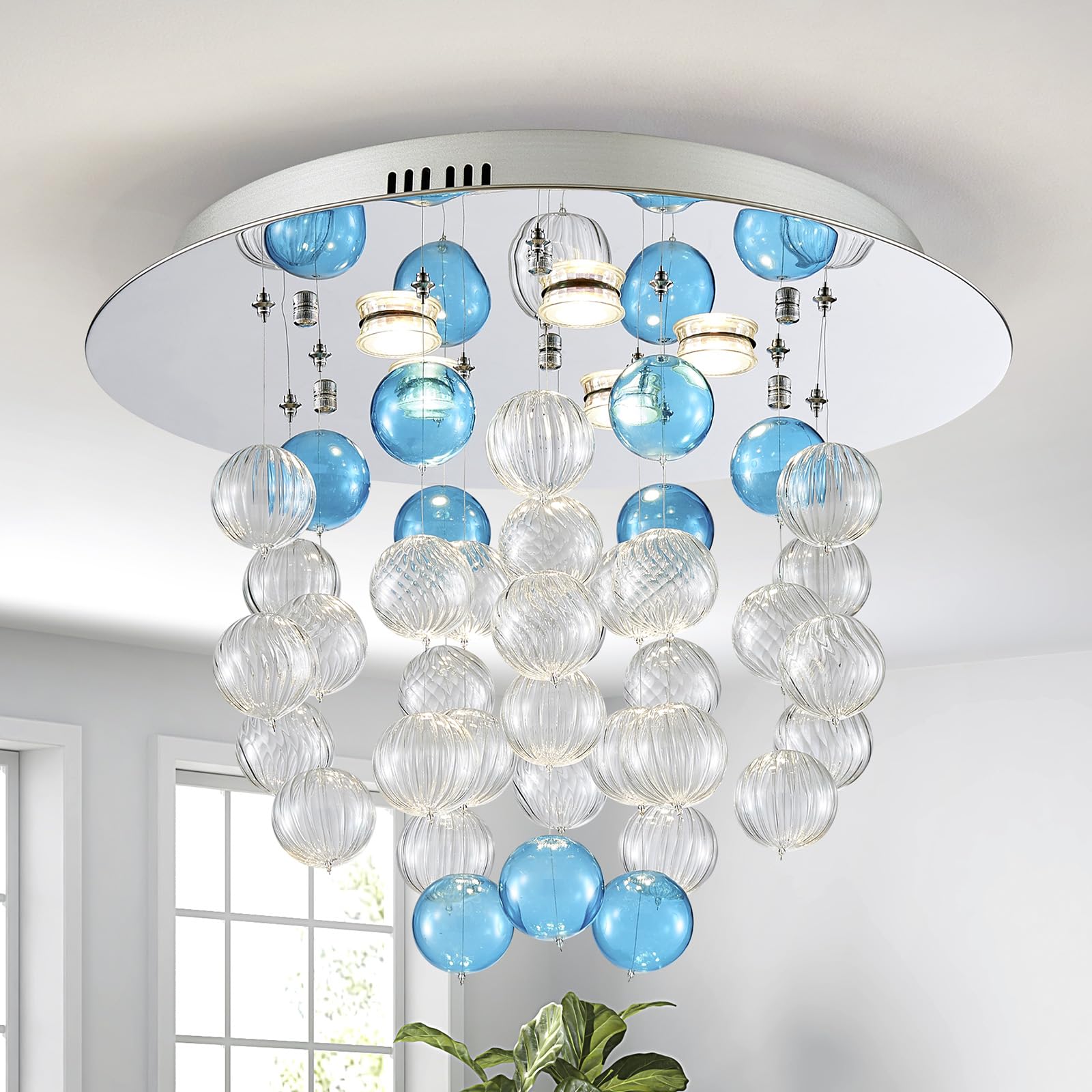 SM Saint Mossi Bubble Chandelier - Modern Blue Ceiling Light, D19 x H17, Glass & Chrome, 5 GU10 Sockets, Clear & Blue Lampshade