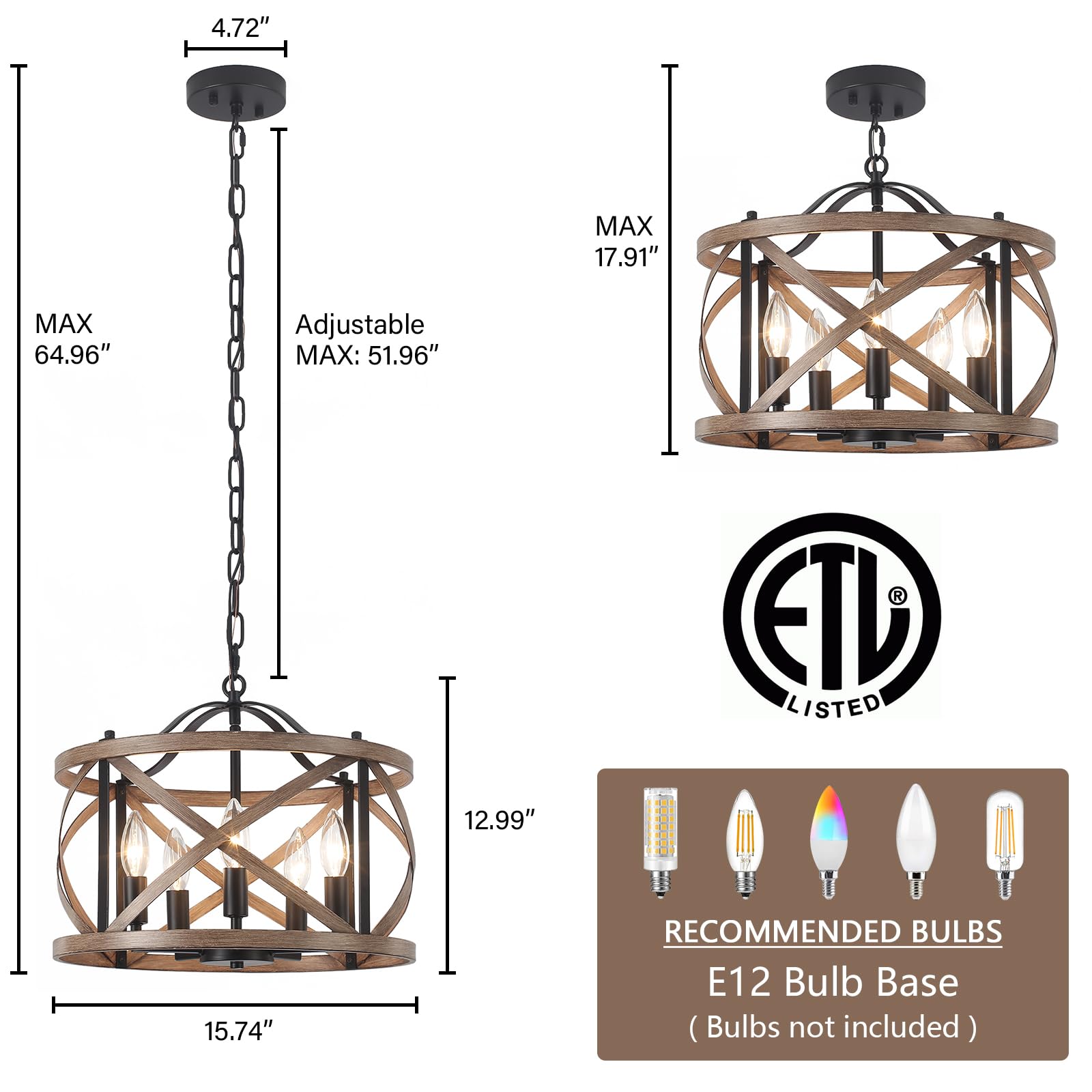 Farmhouse Chandelier For Dining Room, 5-Light Kitchen Pendant Island Light Fixtures E12 Rustic Wood Painted Adjustable Hanging L