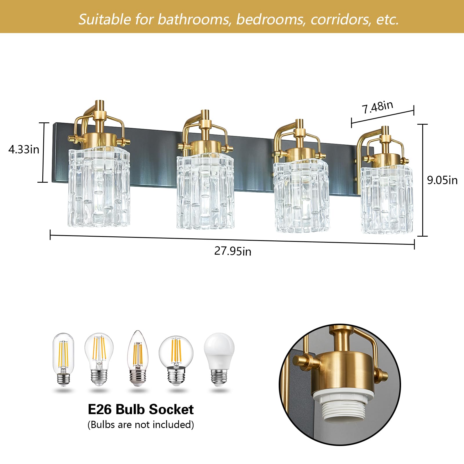 BNHHLZ Bathroom Vanity Light 4-Light Modern Black Gold Metal Fixture with Crystal Glass Shade Model 4132