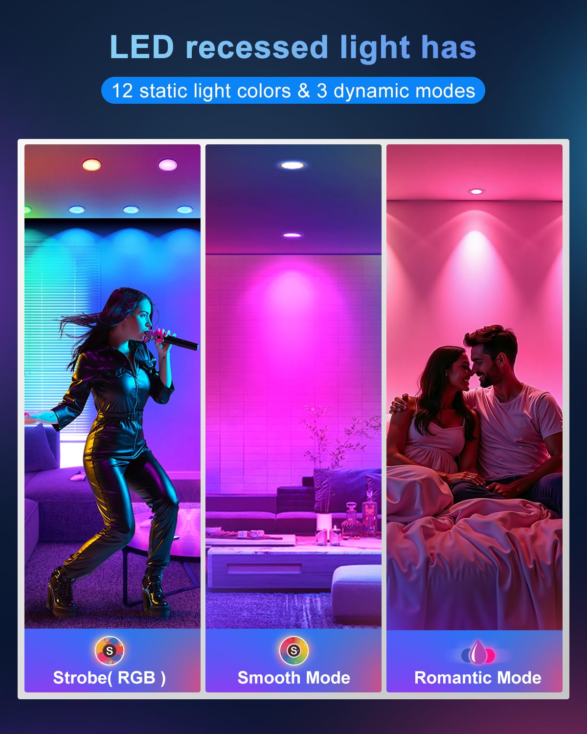 VARICART 6 Inch Recessed Lighting Can Lights, RGB + 2700k to 6000k, Dimmable, 1300LM, ETL, 12 Pack,