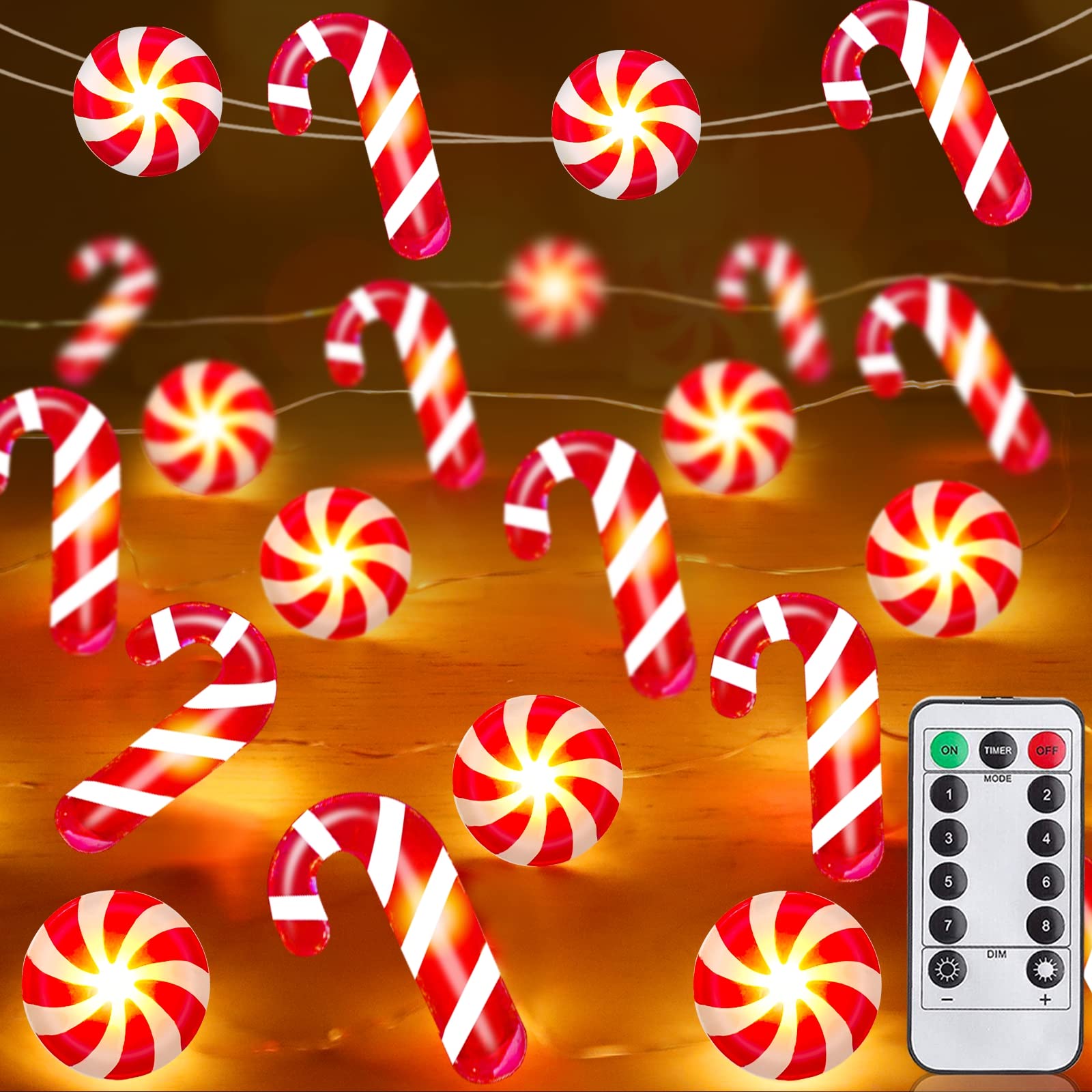 TURNMEON 26.2Ft 80LED Candy Cane Christmas String Lights with Timer, Remote Control, Battery Operated, Warm White, Red