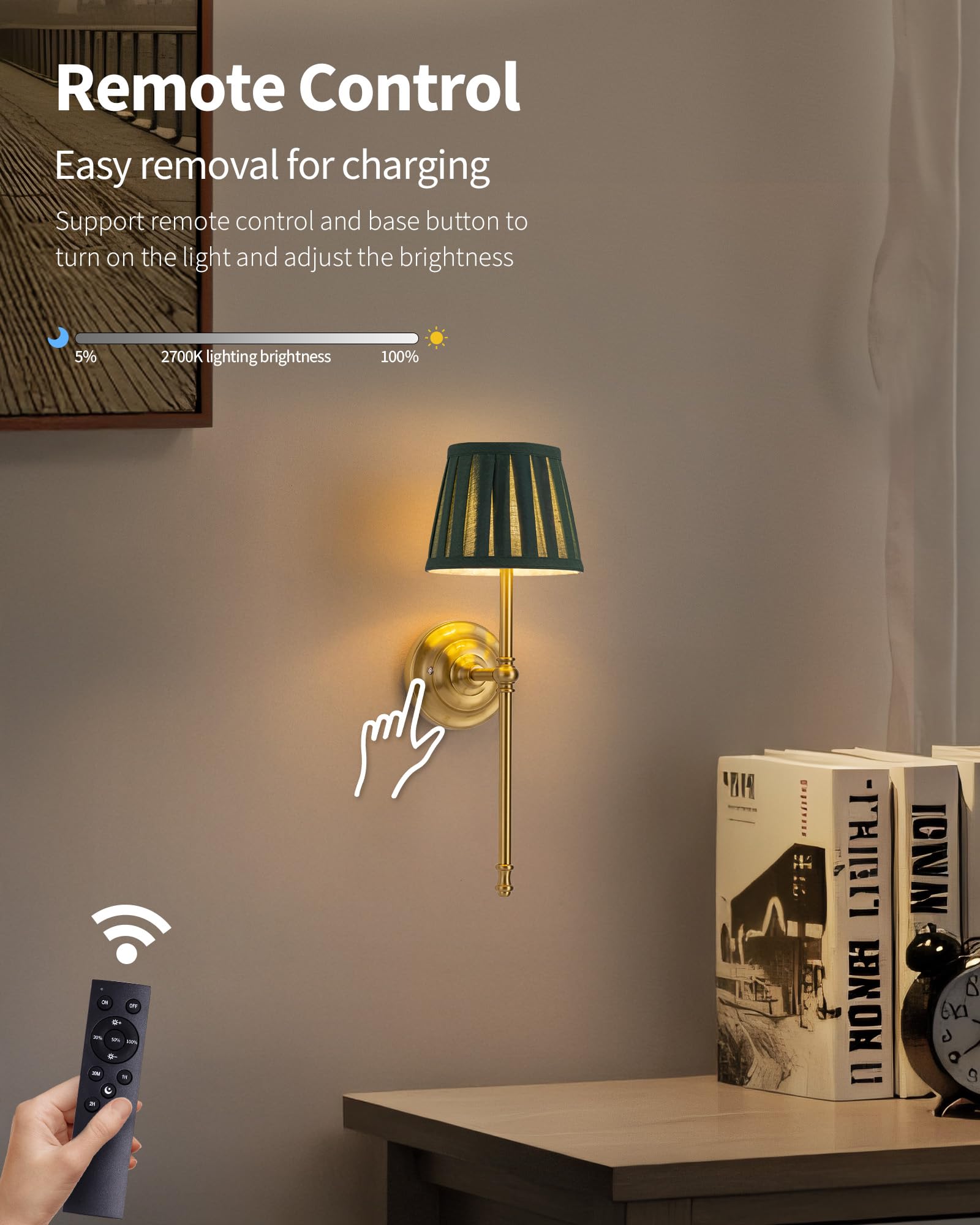KDG Cordless Wall Sconces Set of 2 - Rechargeable LED Fabric Lamps, Green & Gold, Perfect for Living Room, Bedroom, Hallway