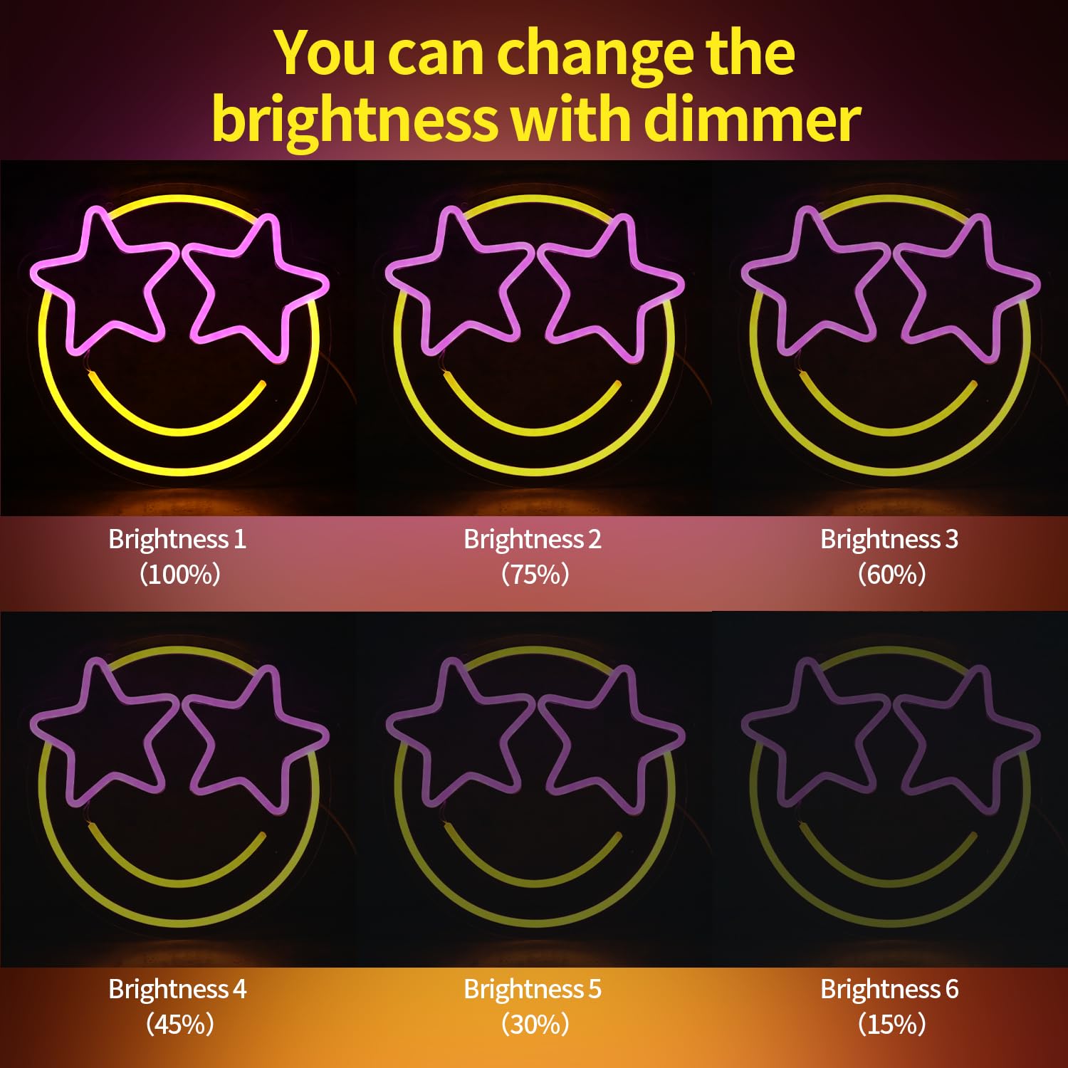 Smile Face Neon Sign, Wootfairy Led Neon Signs for Wall Decor, Dimmable Neon Light for Bedroom, Gaming Room, Kids Room, Bar Deco