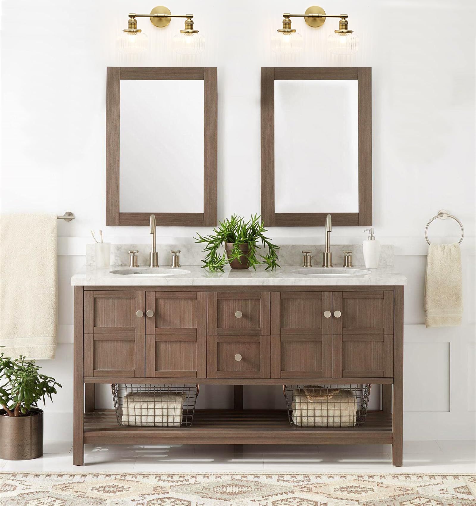 JIMUBEAM 2-Lights Wall Sconces, Antique Brass Glass Shade Fixture, Model JMUS1163D, Ideal for Bathroom, Bedroom, Dining Room, Living Room