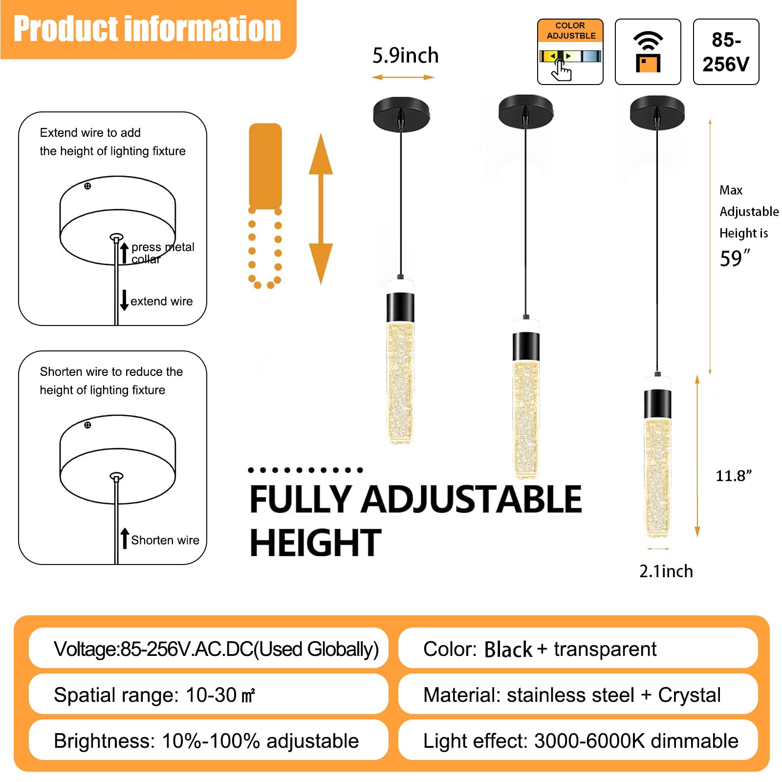 Modern Mini Crystal Pendant Light For Kitchen Island Bedroom Bedside Hanging Ceiling Lamp With Crystal Bubble Column, Led Dimmab