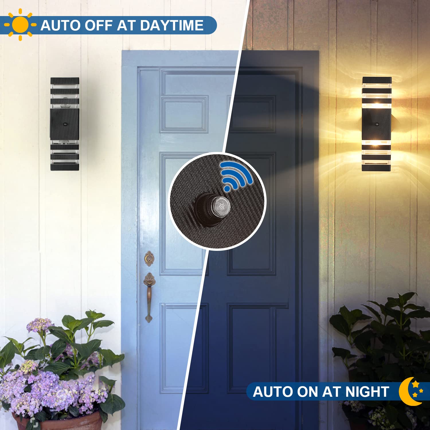 Delicavy Outdoor Wall Lights, Dusk to Dawn Sensor, Waterproof Black Aluminum, Model C11, Medium Size, Use Two E26 Bulbs