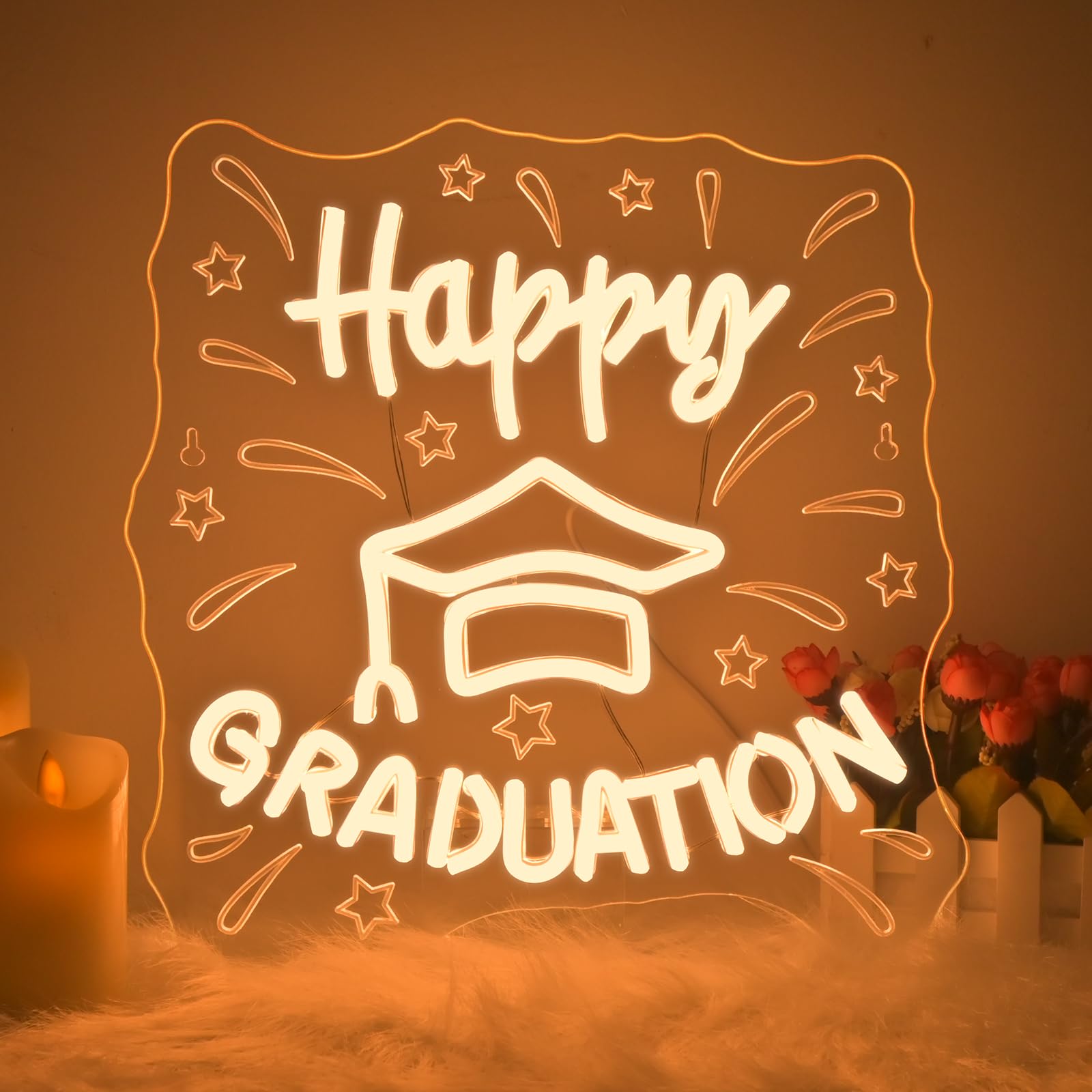 Wlhope Happy Graduation Neon Sign Led Signs For Graduation Ceremony Wall Decor  Neon Lights Transparent Acrylic Board Sign For Classroom Dorm School Bedroom Decoration Gifts For Teens