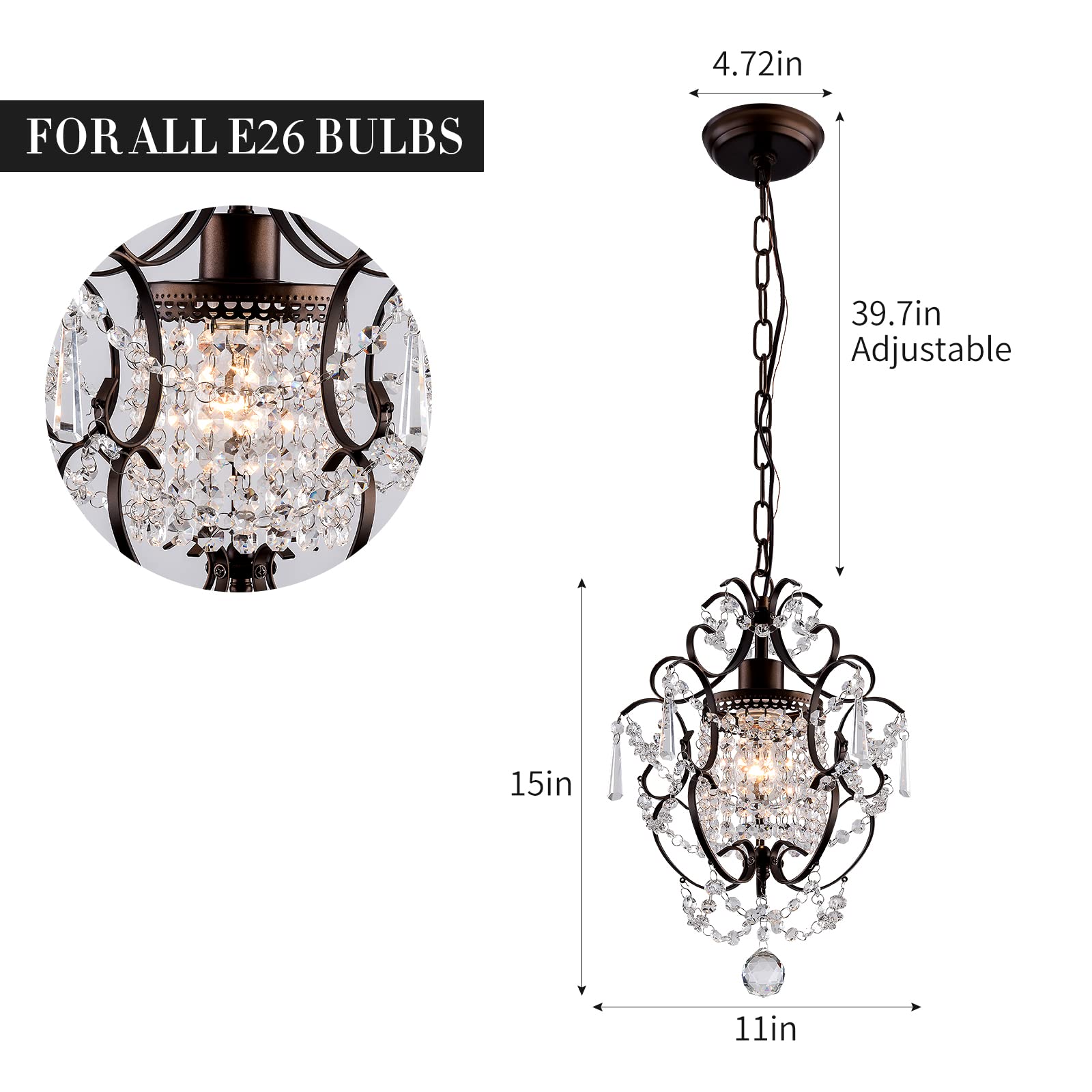 Modern Mini Crystal Chandelier,Iron Bronze Crystal Light Fixtures Ceiling Mount 1 Light Small Chandeliers For Bedroom Elegant Cr