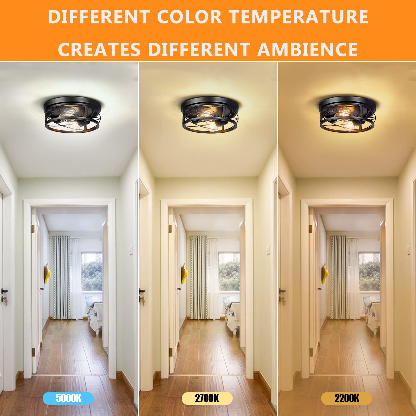 Feanron 2-Pack Farmhouse Black Flush Mount Ceiling Light, Vintage Metal Cage Design, A19 Led Bulbs