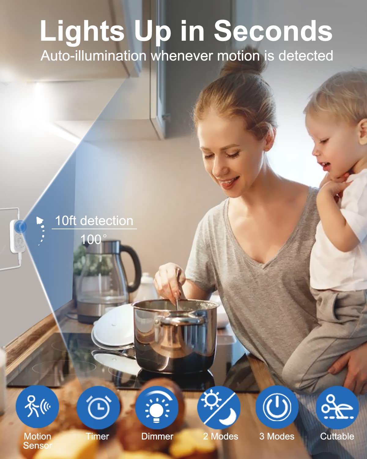 Feuymoent Motion Sensor LED Light Strip, 16.4ft Cold White, Adjustable Brightness & Timer, Under Cabinet Lighting, Model SL-5M-S01
