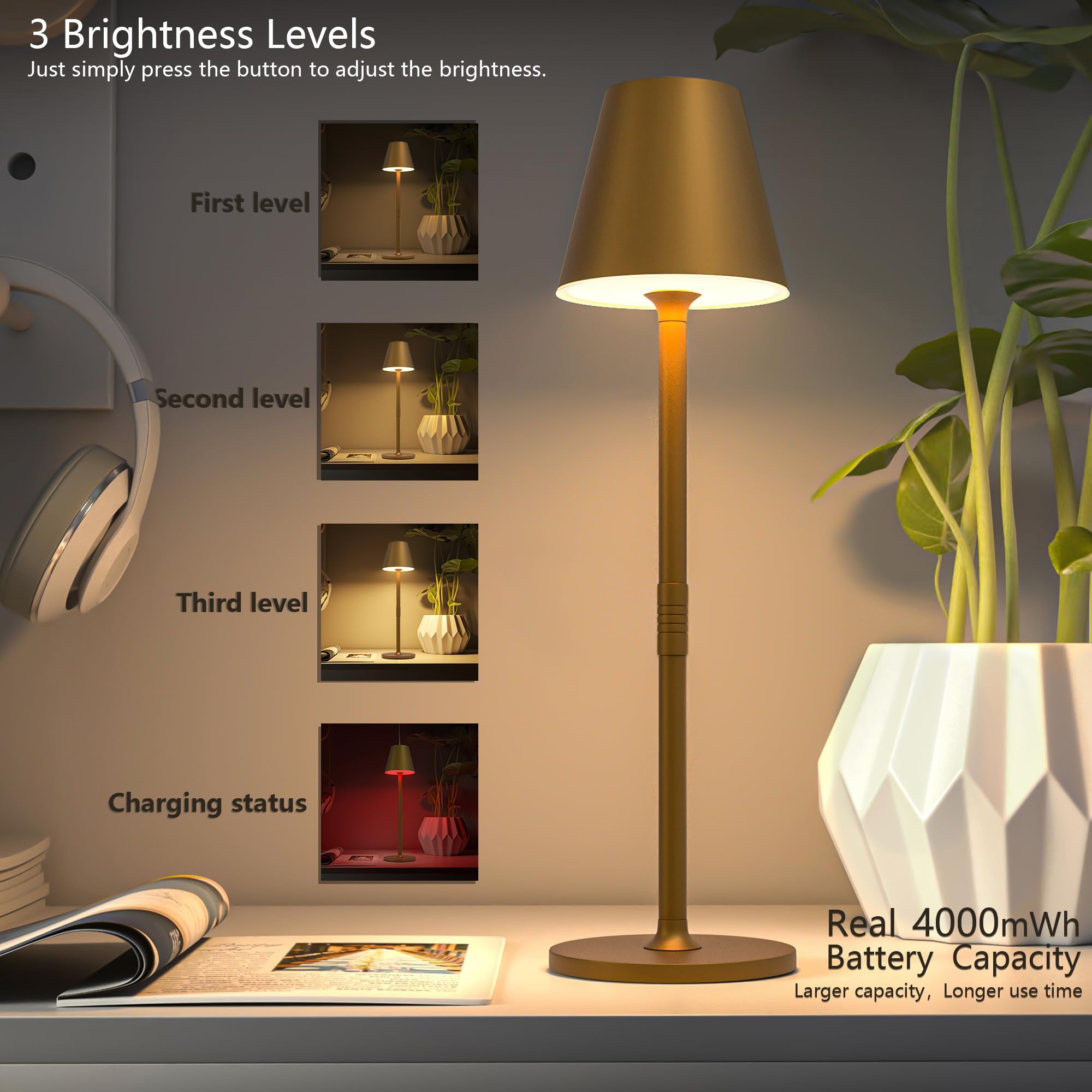 Timjorman LED Cordless Table Lamp - 4000mAh Rechargeable, 3-Level Brightness, Minimalist Design, Bronze, 4 Pack