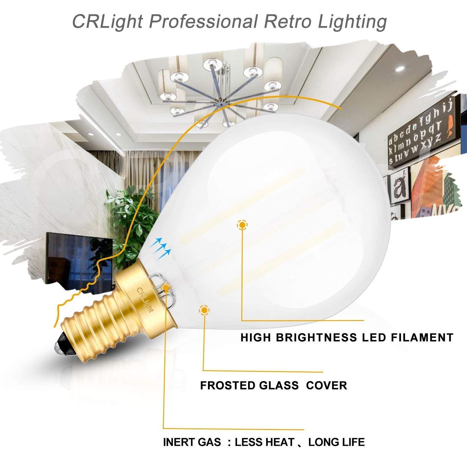 Crlight 2W Led Candelabra Bulb, 4000K Daylight White, Dimmable, E12,
