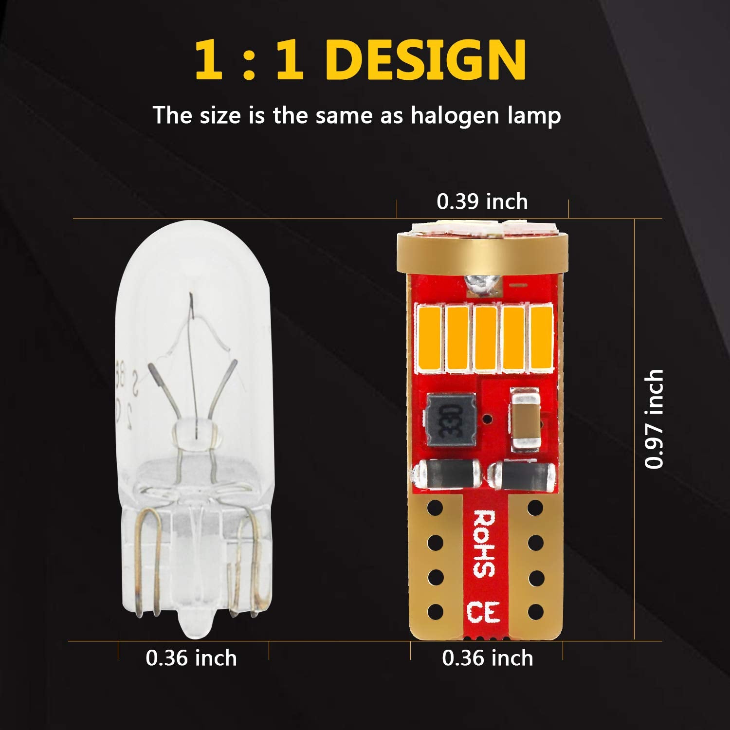 PHINLION 194 LED Bulb Replacement for Car Lights, 15-SMD 4014 Chipsets, Amber Yellow