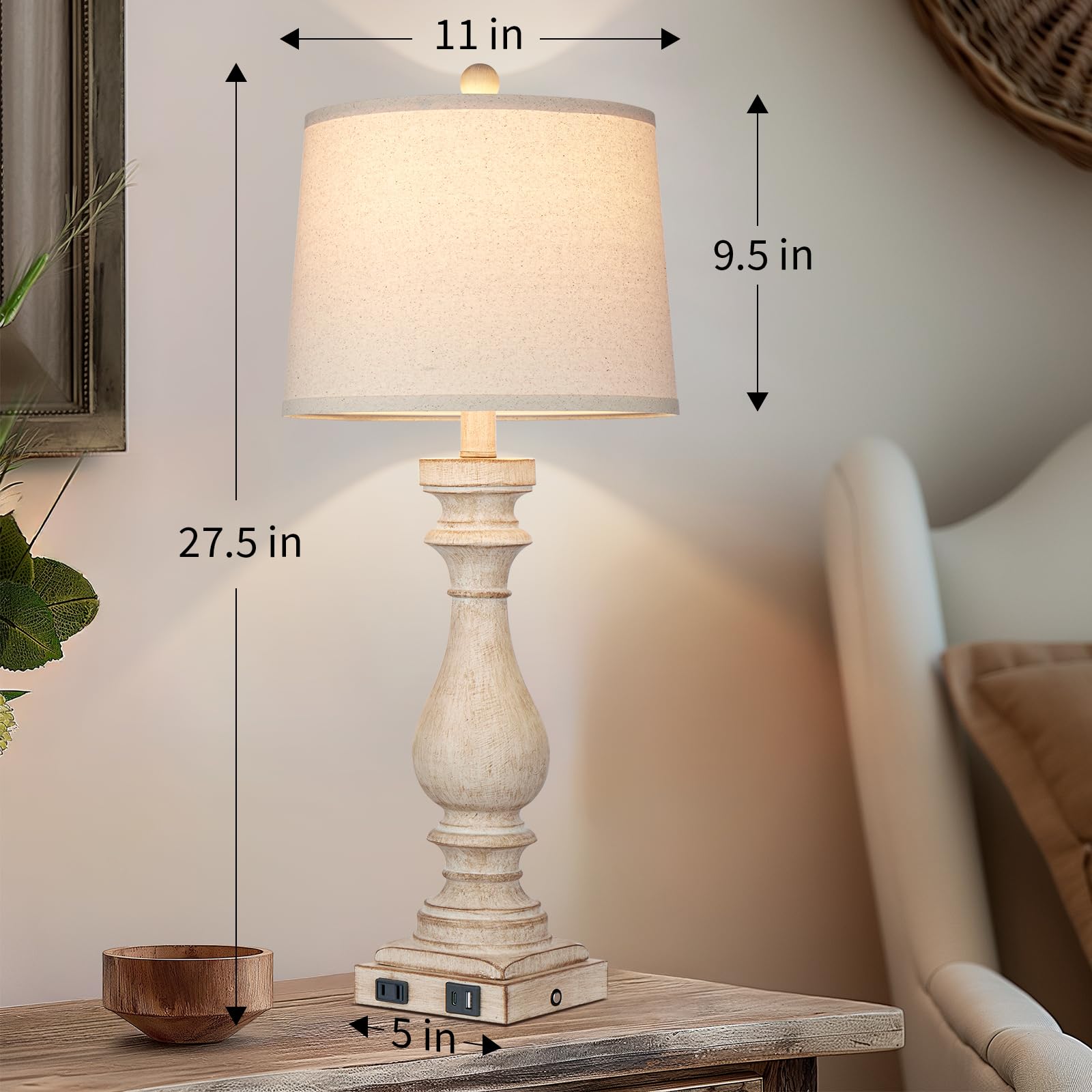 Cinkeda 27.5" Farmhouse Lamp - Vintage Beige Bedside Light with USB Charging, 3-Way Touch Control, Model TD-CK-206-1PK