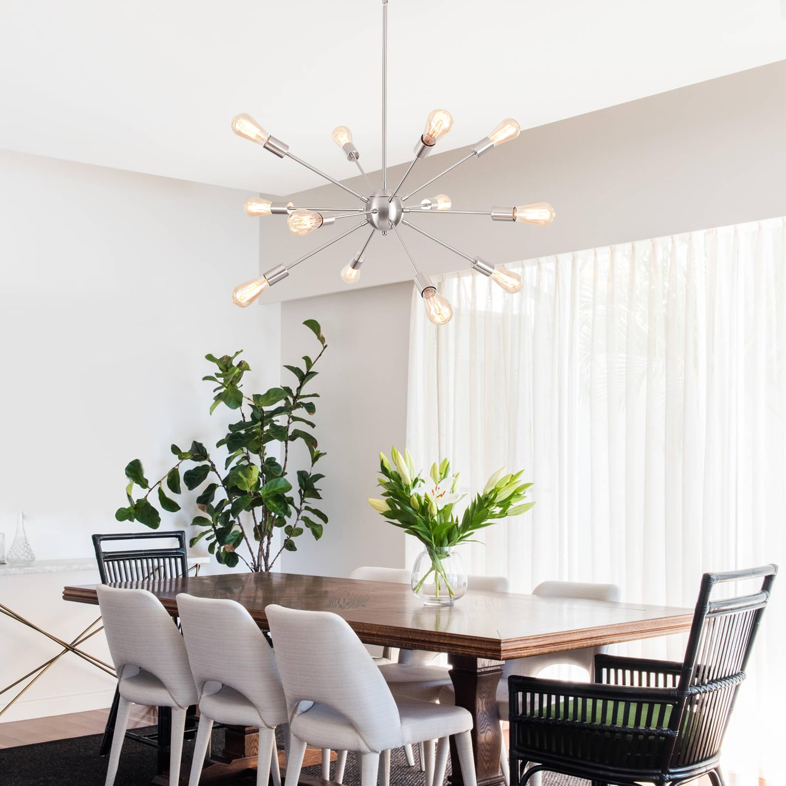 LXWNYY Modern 12-Light Brushed Nickel Sputnik Chandelier, Adjustable Height, Metal Fixture for Dining Room, Living Room, Kitchen, Bedroom