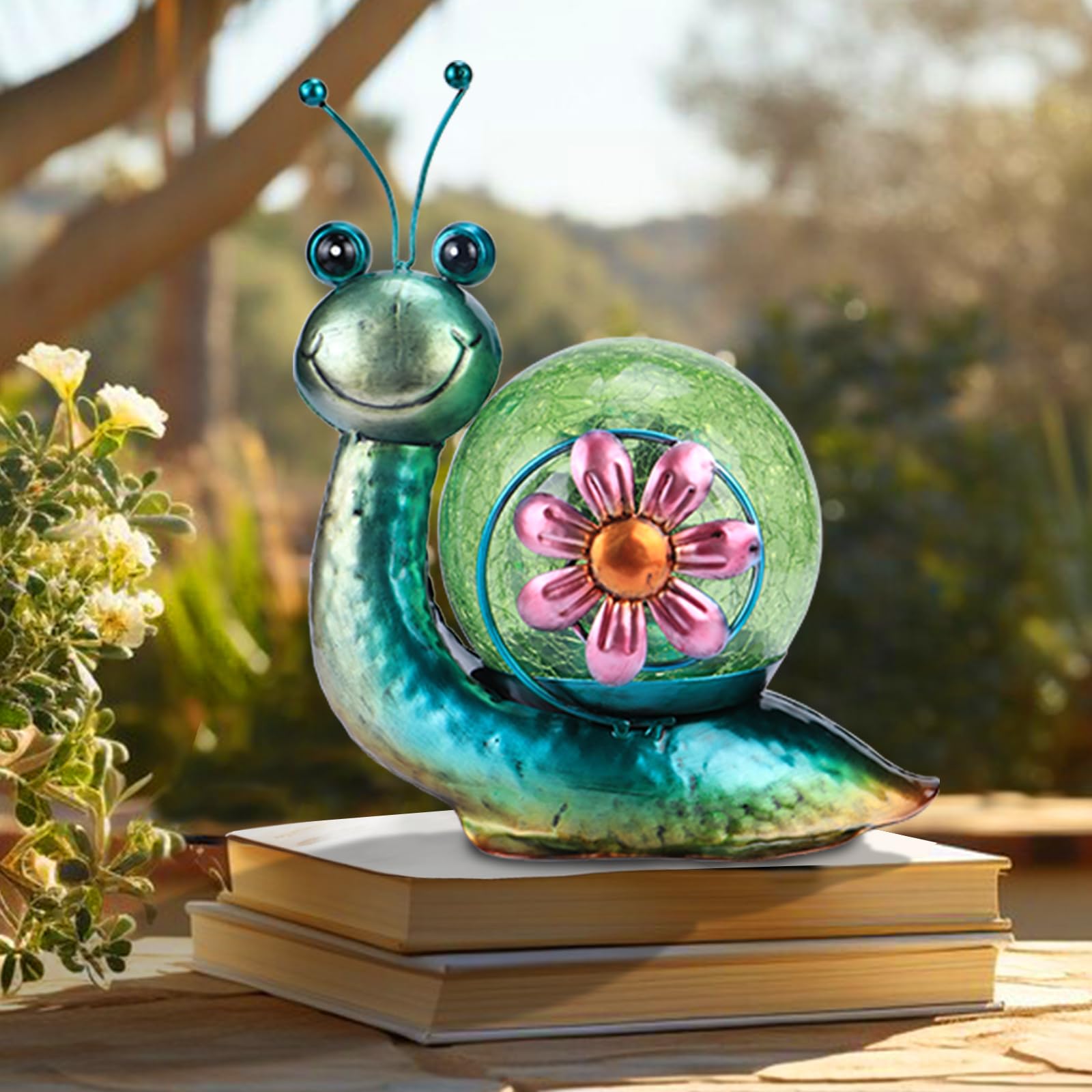 MUMTOP Solar Lantern - Waterproof LED Snail Tabletop Light for Patio & Garden - Green Glass Decor