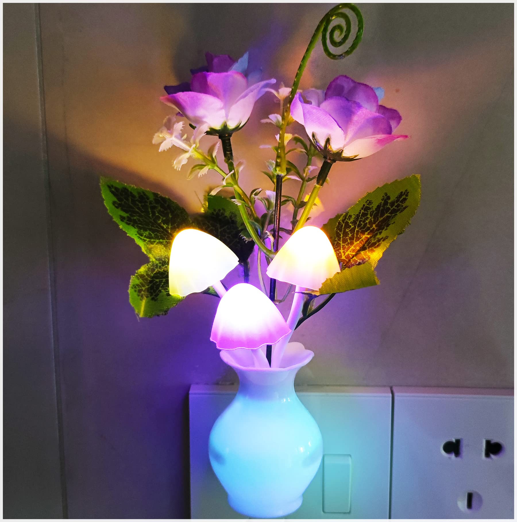 Ausaye 2Pack Led Night Light Plug In Sensor Light, Energy Saving Lamp Dream Nightlight Rose Flower Mushroom Night Lights For Kid