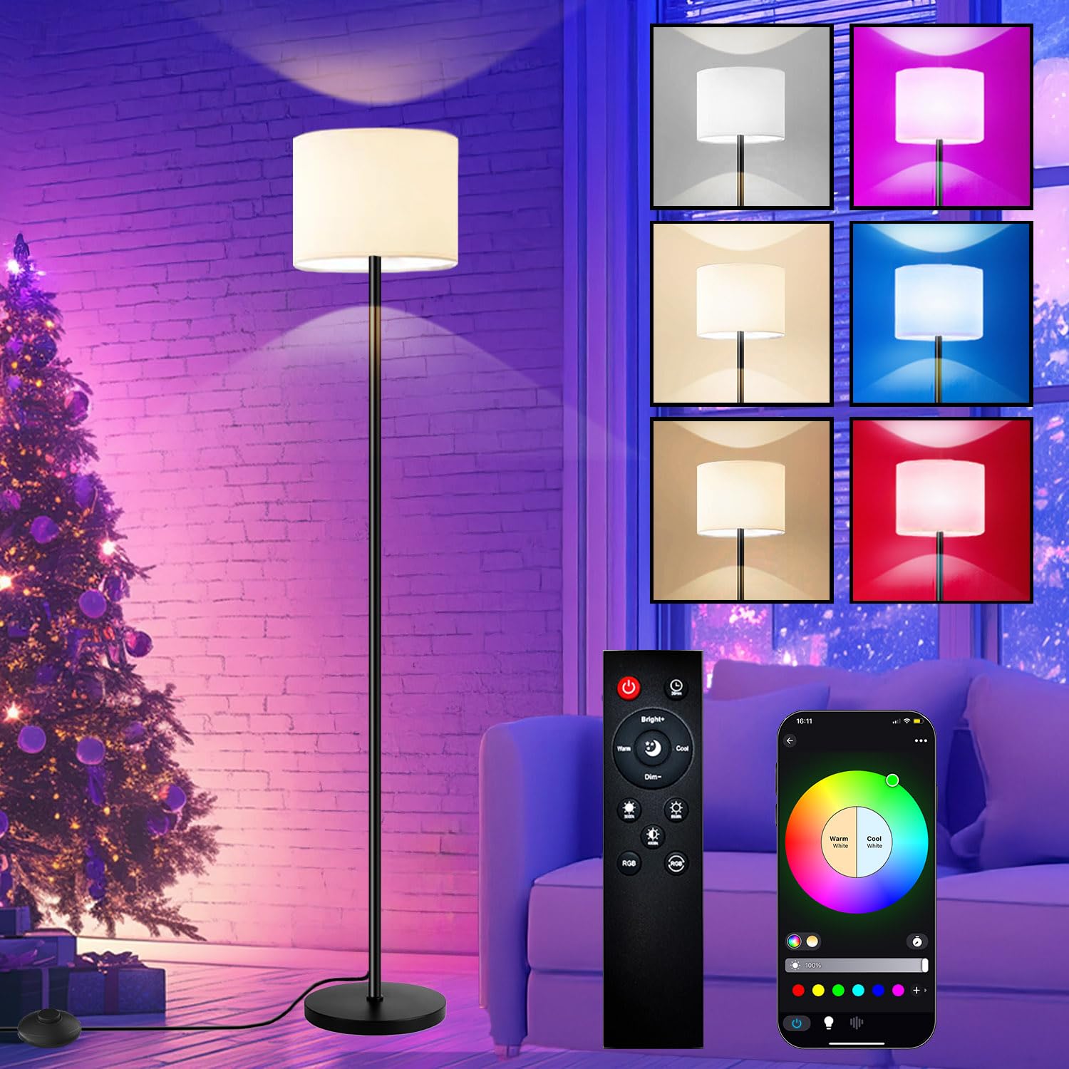 Fuvqeyes Smart Floor Lamp with APP & Remote Control - Dimmable RGB & White Light (3000K-6500K) for Living Room, Bedroom, Office 