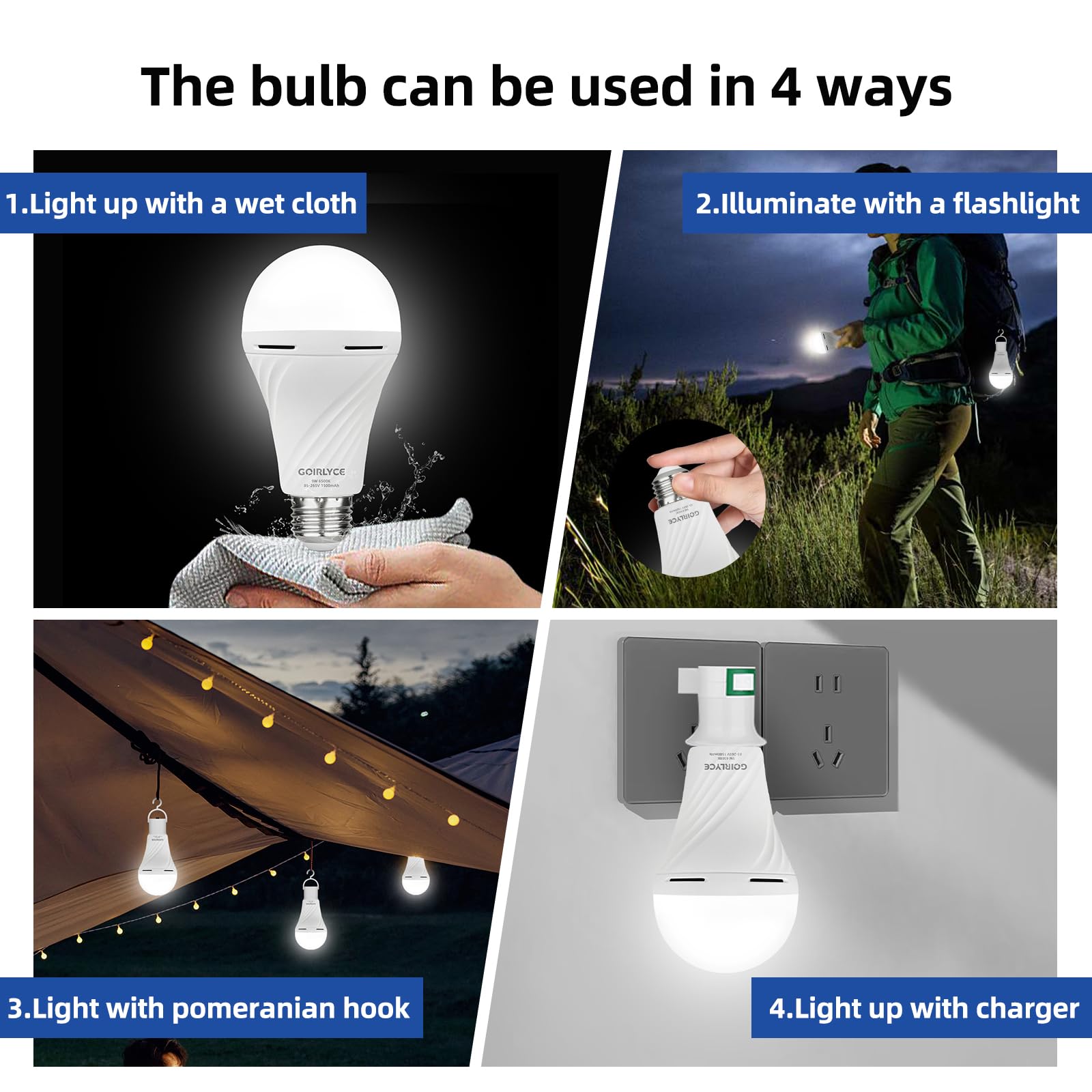 GOIRLYCE Emergency Rechargeable Light Bulbs, 9W E27, 6500K, 1500mAh, 2-Pack, White, Self-Charging LED for Home,