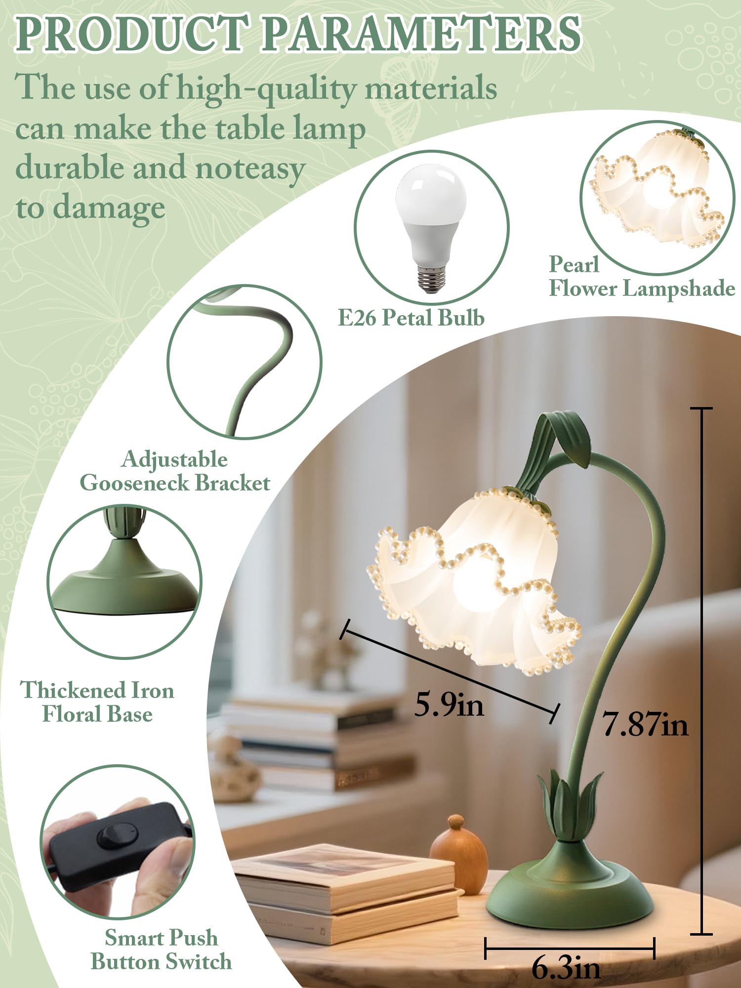 AQDZCNF Flower Table Lamp, LED Night Light, Vintage Style, Acrylic, Green Pearls, Model MN-QBKR-AEJK-1-2