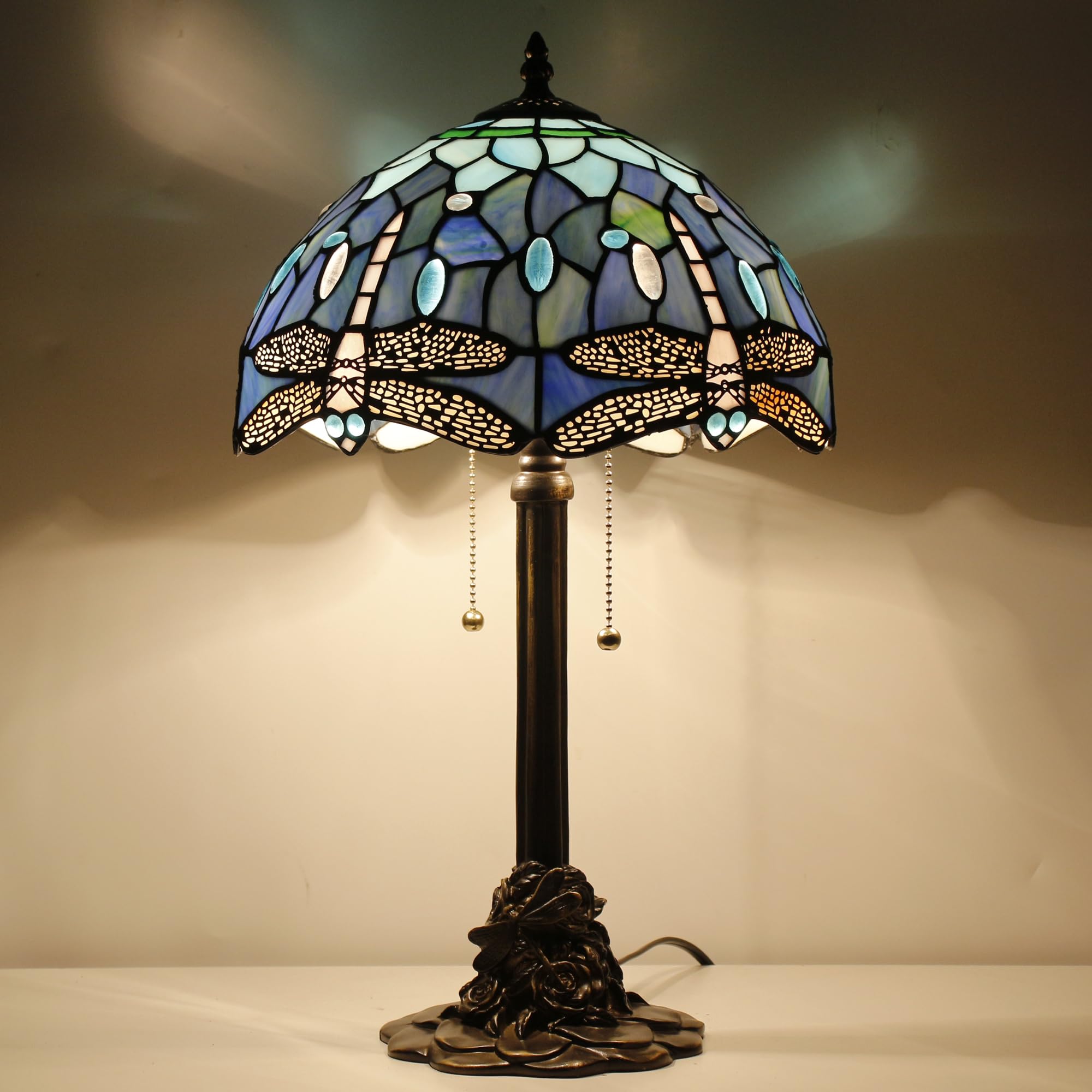 ANYONGLU Tiffany Table Lamp Stained Glass Desk Lamp 12X12X21Inch Resin Base for Bedroom Living Room Reading Light (Blue Dragonfl